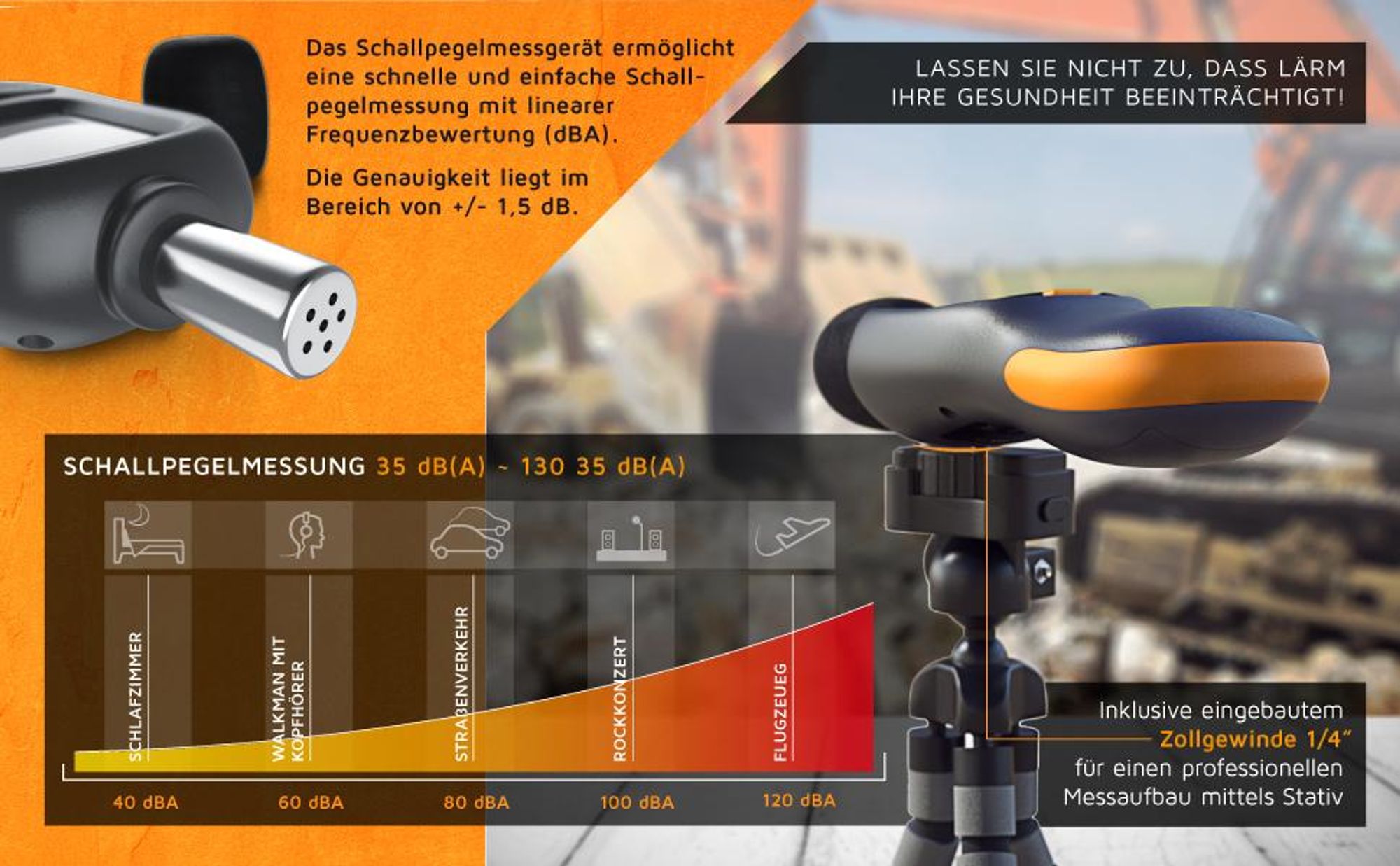 Brandson Schallpegelmessgerät, Lärmpegel im Vergleich und Stativgewinde