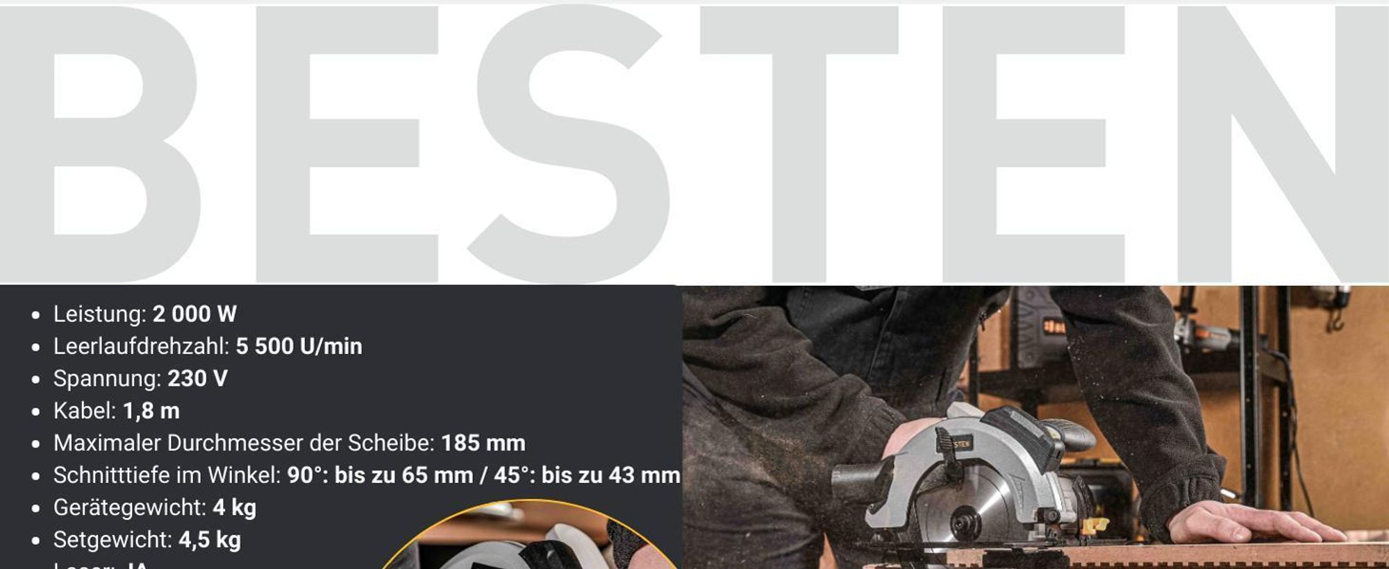 Handkreissäge 2000W für Holz, Laserführung, 3× Sägeblatt, elektrische Kreissäge