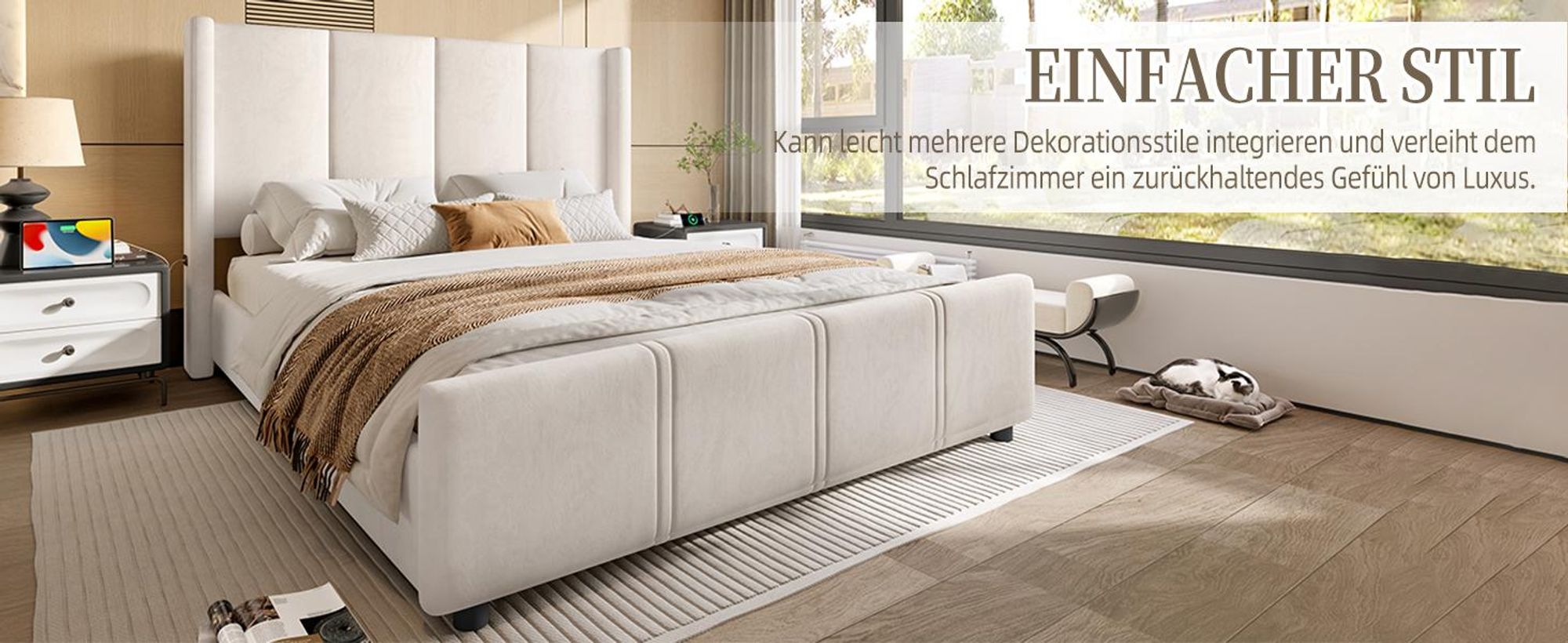 LVHOM Polsterbett 140x200cm mit USB und hohen Kopfteil, Mid Century Doppelbett mit Lattenrost, Jugenbett mit Metallrahmen, Bettgestell Samt, Beige
