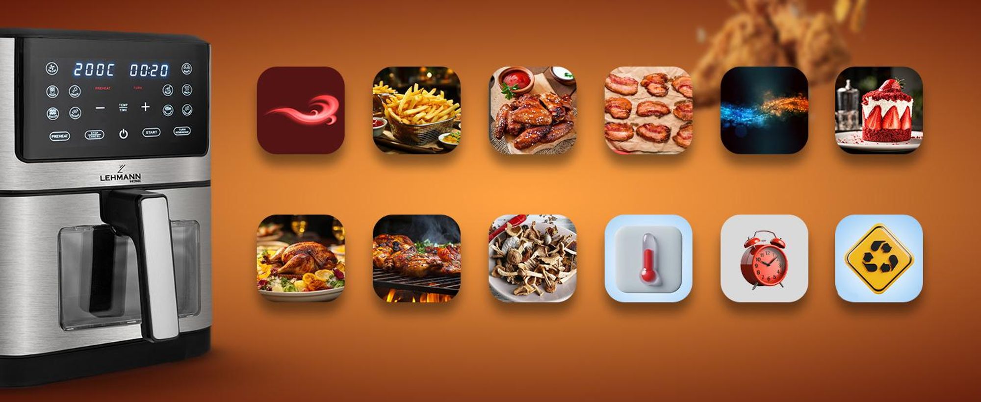 LEHMANN Friteuse sans Huile XXL 8L, Air Fryer - 8 Programmes, Écran Tactile, Tiroir avec fenêtre de visualisation, 1800W