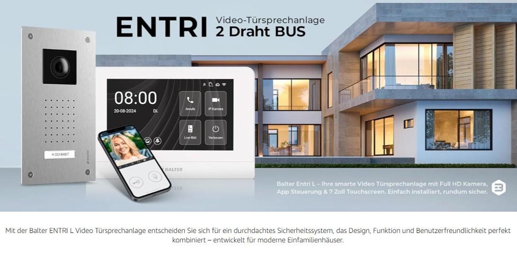 BALTER ENTRI L Unterputz Video Türsprechanlage mit Full HD Kamera und Audio Modul inkl. 2-Draht 1x 7 Zoll WiFi HD Monitor Smartphone App für 1 Familienhaus Set