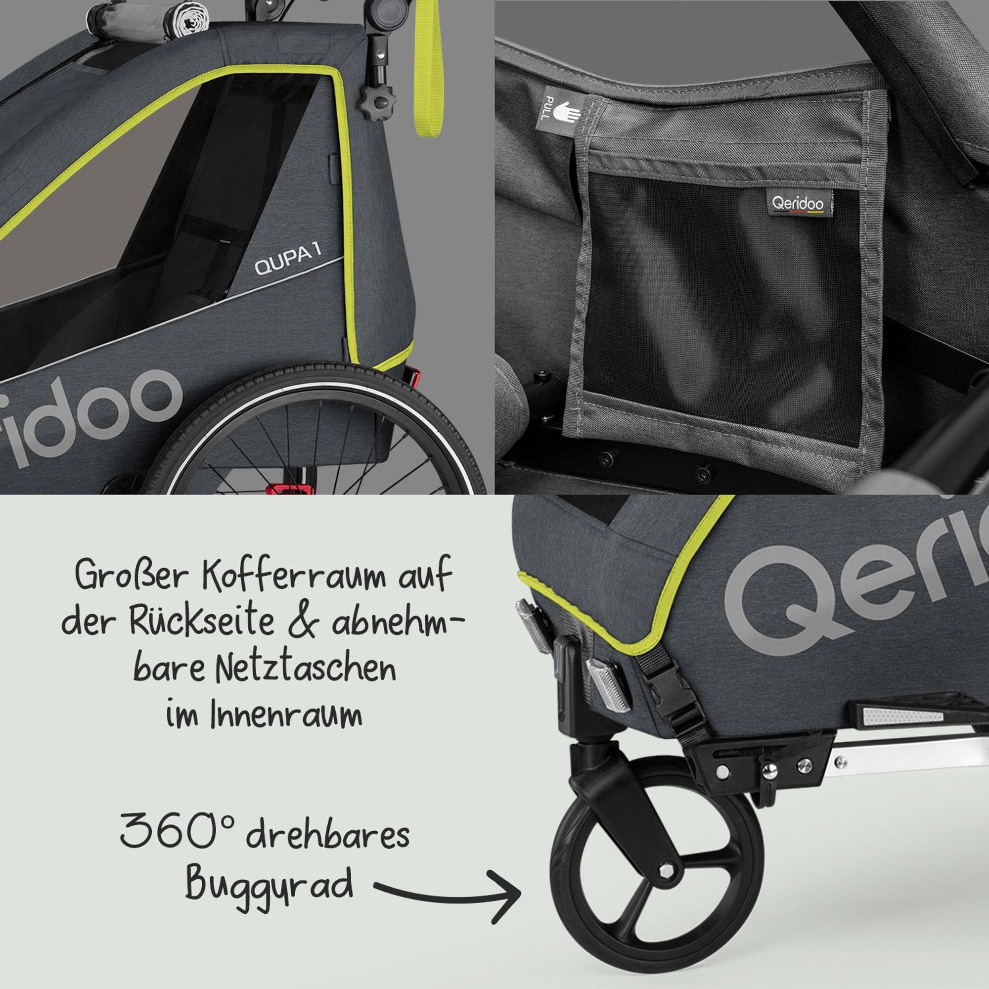 Qeridoo QUPA 1 - Kinderfahrradanhänger für 1 Kind, Farbe: Lime