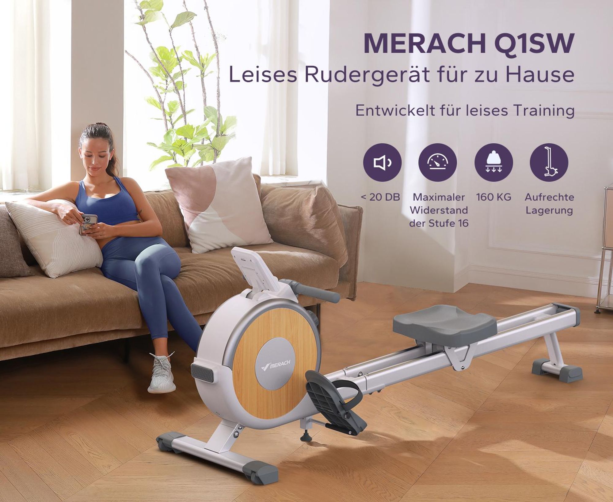 MERACH Leise Rudergerät für Zuhause – 16 Stufen Magnetisch Widerstand, Doppelschienen, App-Steuerung & Tablet-Halter, vertikal klappbar bis 158 kg