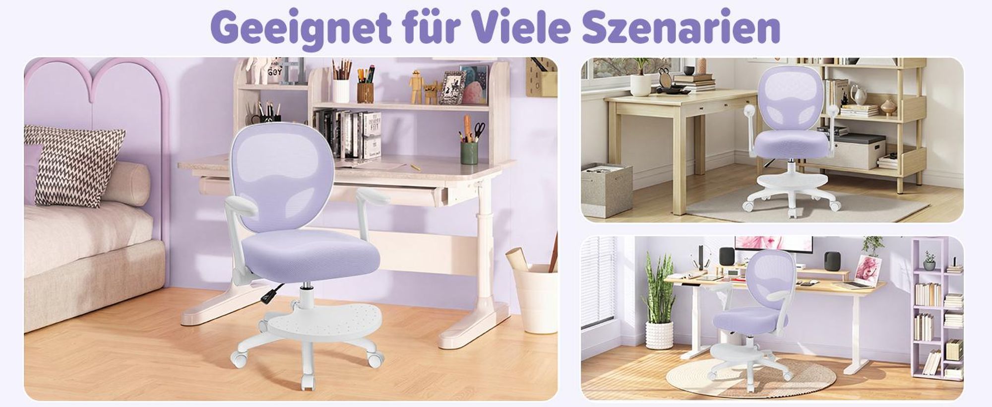 HOFFREE | Kinder Schreibtischstuhl Ergonomischer Kinderdrehstuhl | Fußablage | Höhenverstellbar | klappbaren Armlehnen | Lila