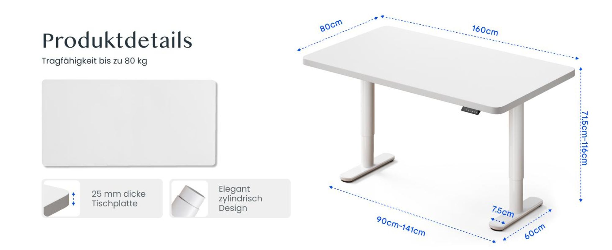 FLEXISPOT CylineX Höhenverstellbarer Schreibtisch 160x80cm mit eleganten abgerundeten Tischbeinen, 25mm einteiliger Tischplatte 80 kg Tragkraft Weiß
