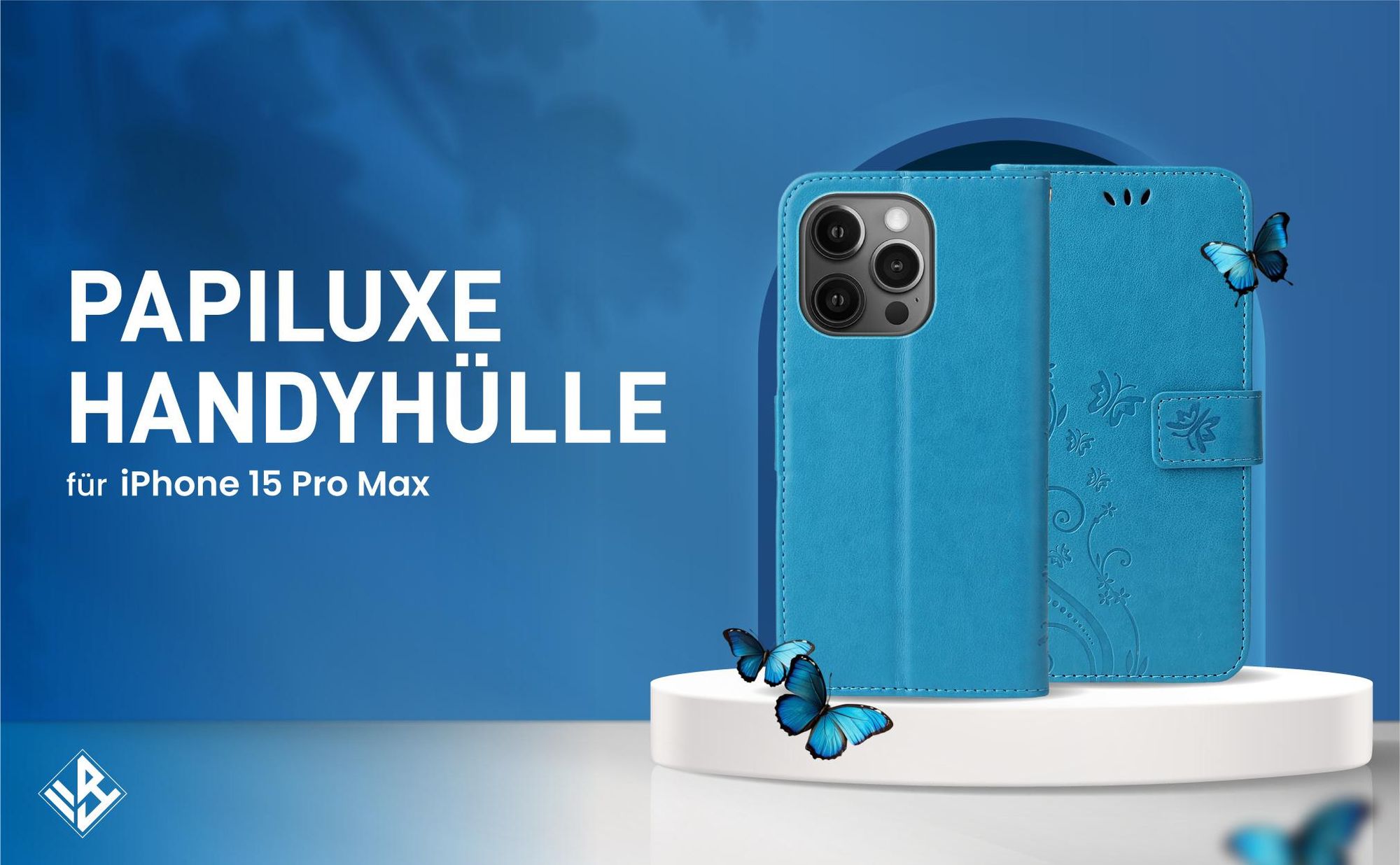 Blaue Klapphülle im Schmetterling Design für Apple iPhone 15 Pro Max mit Wallet-Funktion