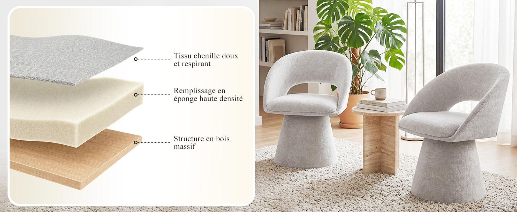 Chaise de salle à manger pivotante à 360° Duhome en tissu chenille, rembourrée, avec dossier creux et accoudoirs, pour la salle à manger, la cuisine et le salon