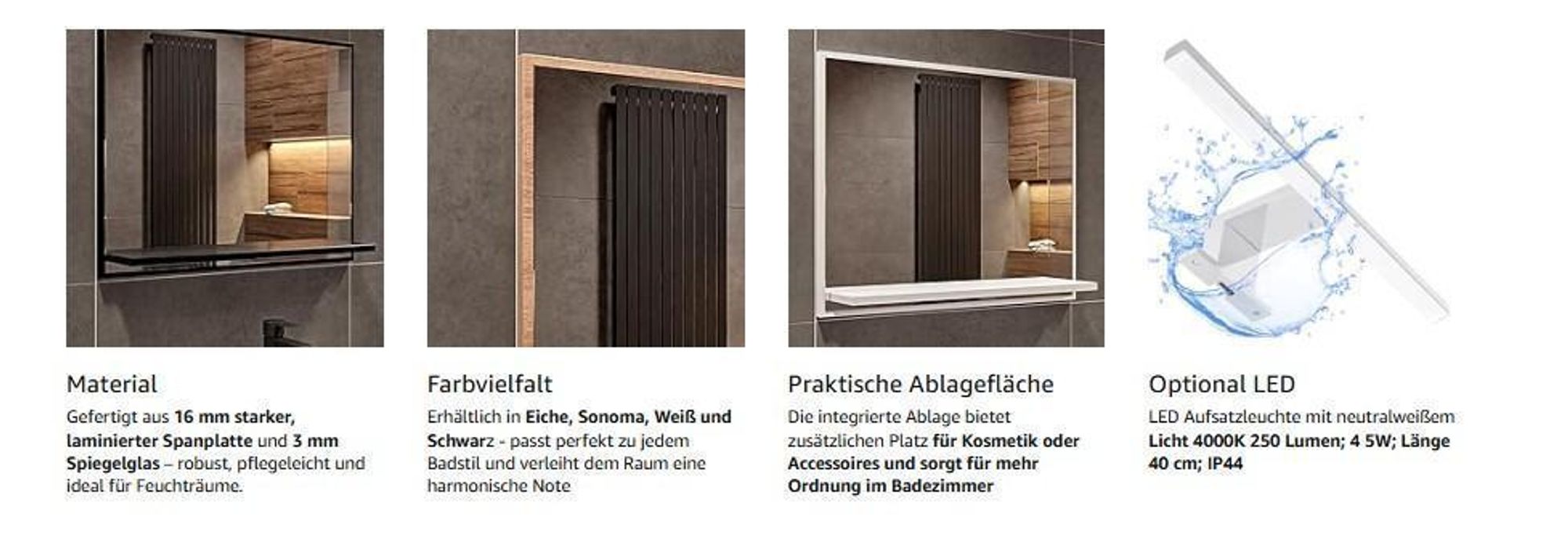 Badspiegel mit Beleuchtung Sonoma H:50 x B:60 cm - Bathroom Mirror IP44 - Badezimmer Spiegel Rechteckig mit Ablage und LED 4000K - Wandspiegel