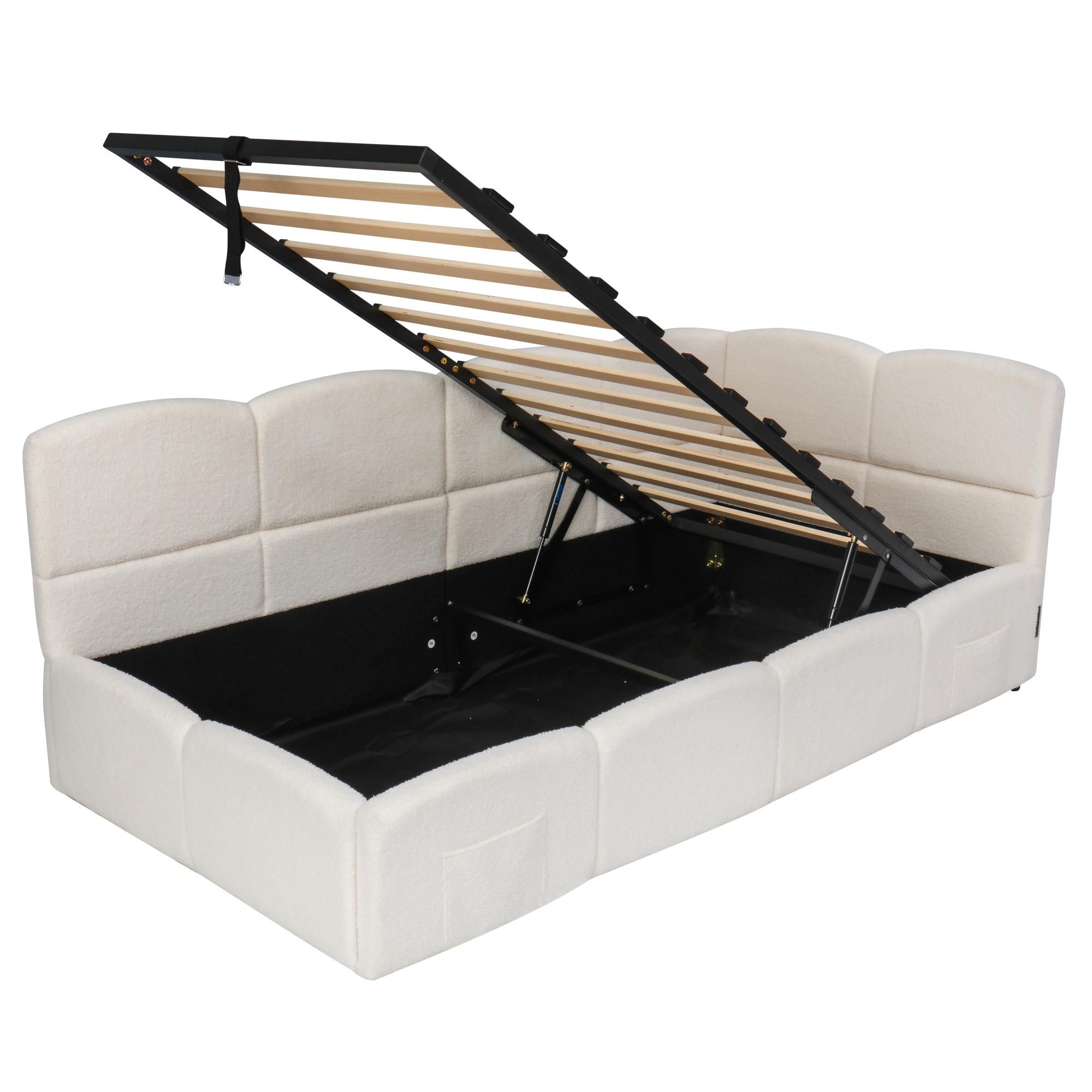Flieks Hydraulisches Polsterbett 90x200cm mit Stauraum, Schlafsofa Tagesbett mit USB & Type-c, Stauraumbett Einzelbett, Bouclé, Beige