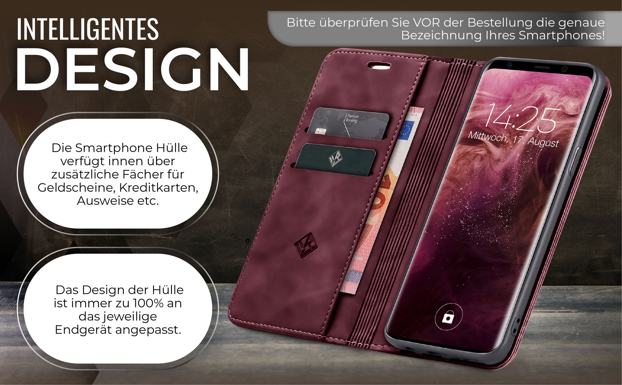 Edle Schutzhülle in Weinrot für Samsung Galaxy S9+ mit Kartenfächern und Geldfach