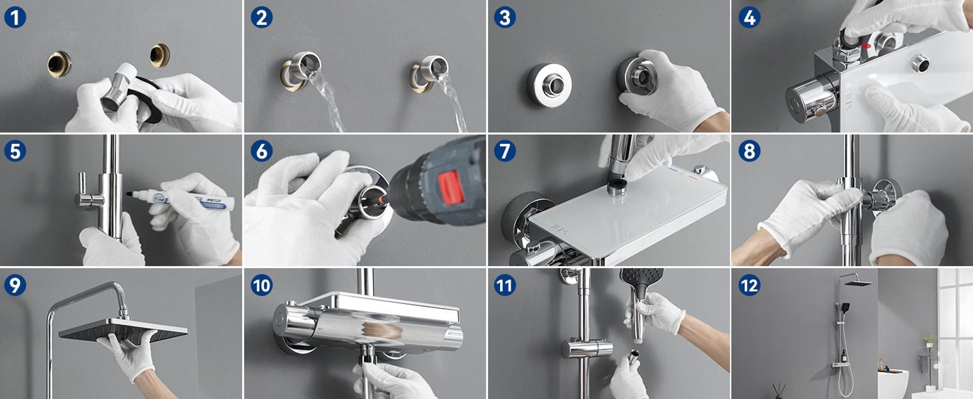 Auralum Duschsystem mit Thermostat und Glasablage, Duscharmatur Komplettset mit 12 Zoll Regendusche Kopfbrause, 3 Strahlarten Duschkopf Wassersparend