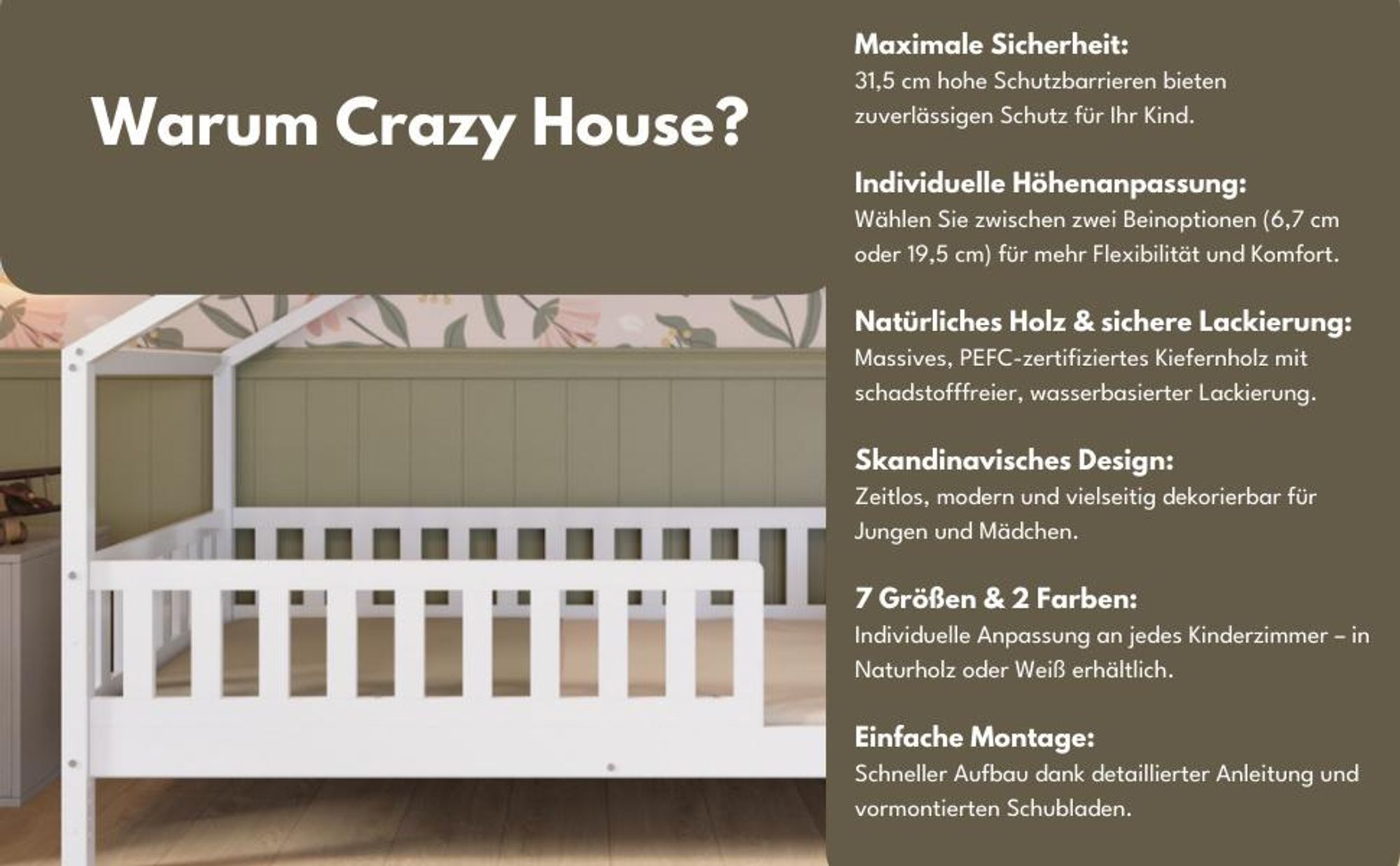 Crazy Pine Hausbett 120x200 cm – Kinderbett aus Naturholz – Bodenbett mit Höhenverstellbaren Beinen und Abnehmbarer Barriere - Crazy House