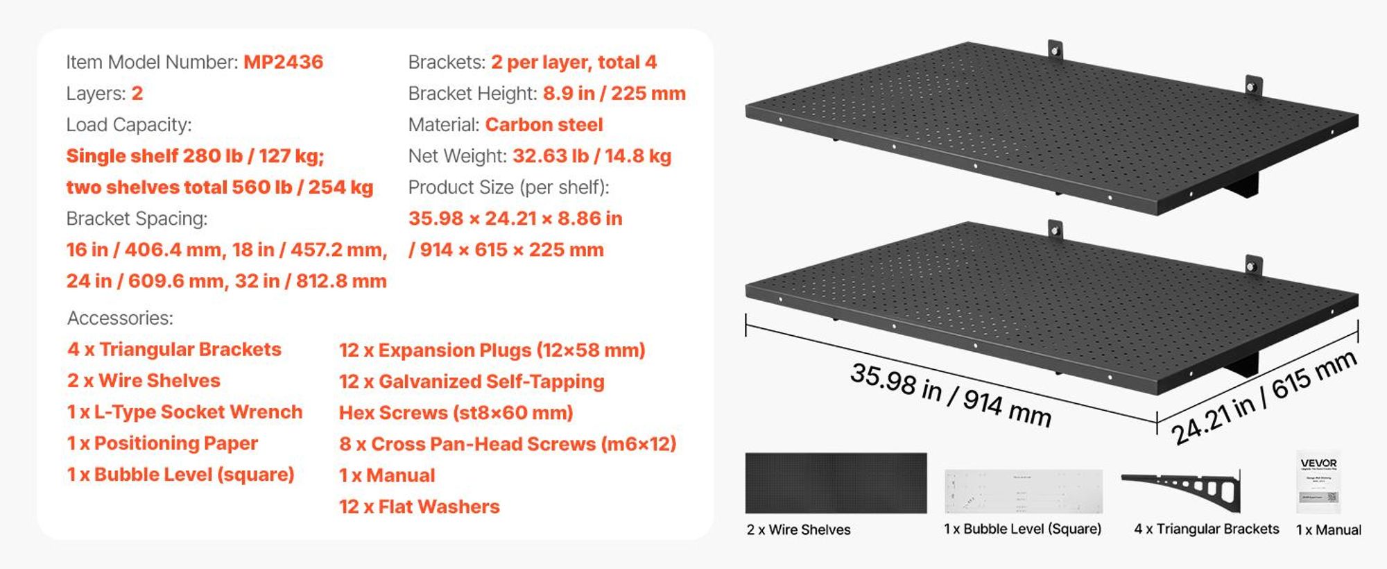 VEVOR 2-stufige Schwerlast-Wandregale für die Garage, 50 x 122 cm Stahl Wandmontierte Regaleinheit, 500 x 1219 mm pro Regal Schwimmendes Lagerregal aus Metall für die Garage mit 254 kg Gesamttragfähigkeit, Schwarz, 24 x 36 in