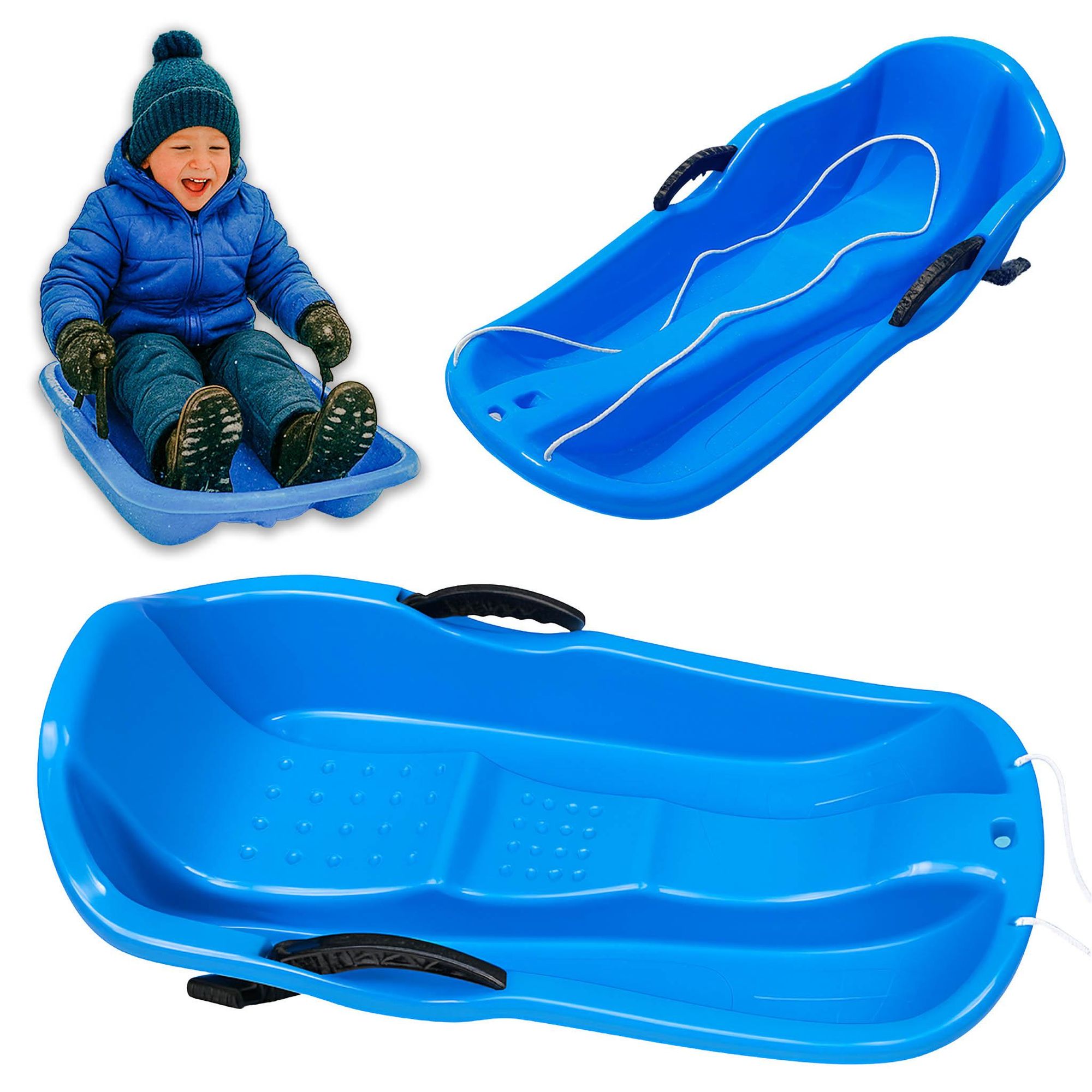 Kinderschlitten mit Bremsen & Zugseil – robuster Kunststoff, rutschfester Sitz, leicht & frostsicher – 84×39×25 cm, Blau
