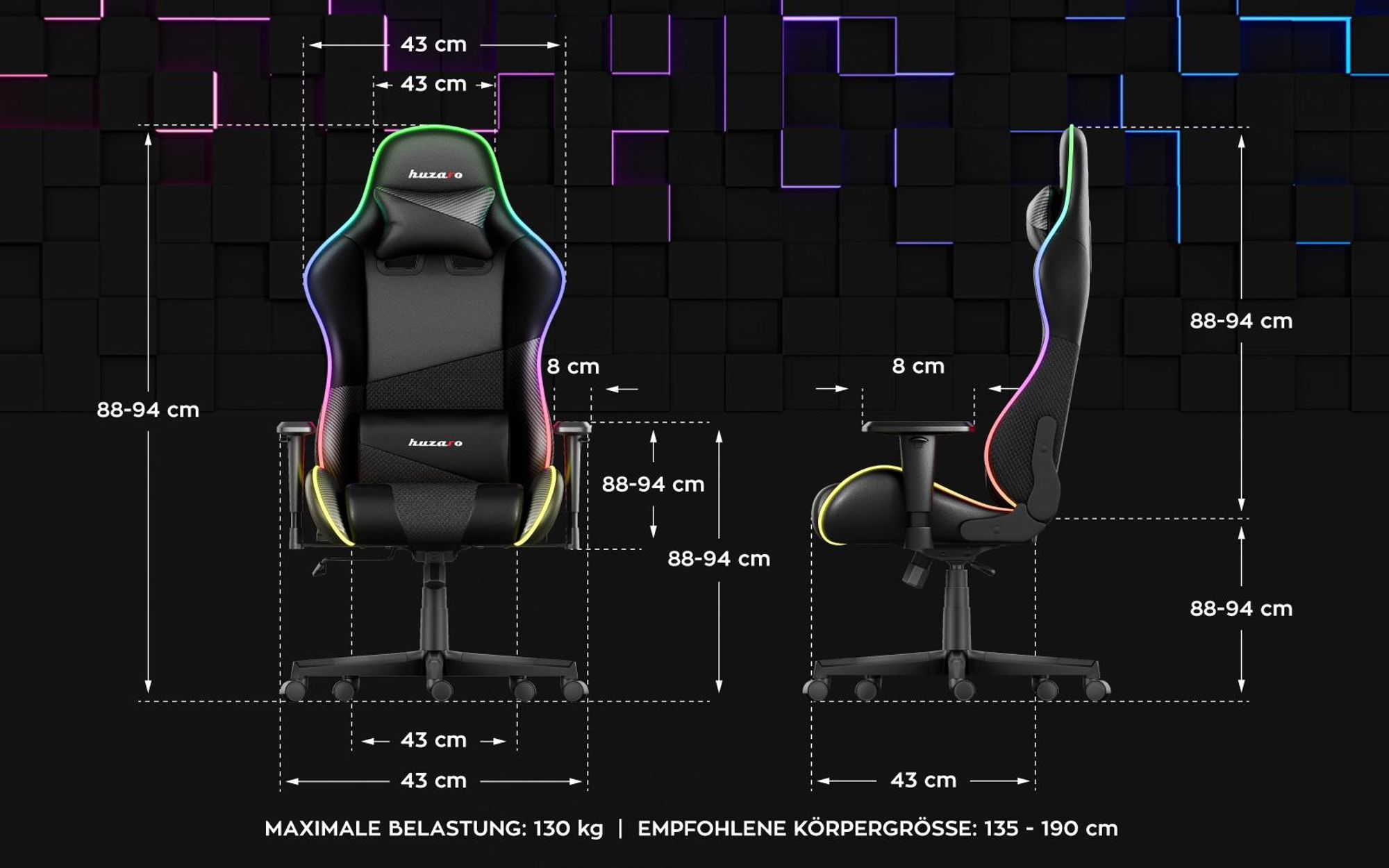 Huzaro Force 6.2 | RGB LED Beleuchtung Gaming Stuhl Gamer Bürostuhl Schreibtischstuhl Gamer Kopfstütze Lendenstütze | bis 130 kg belastbar | Schwarz
