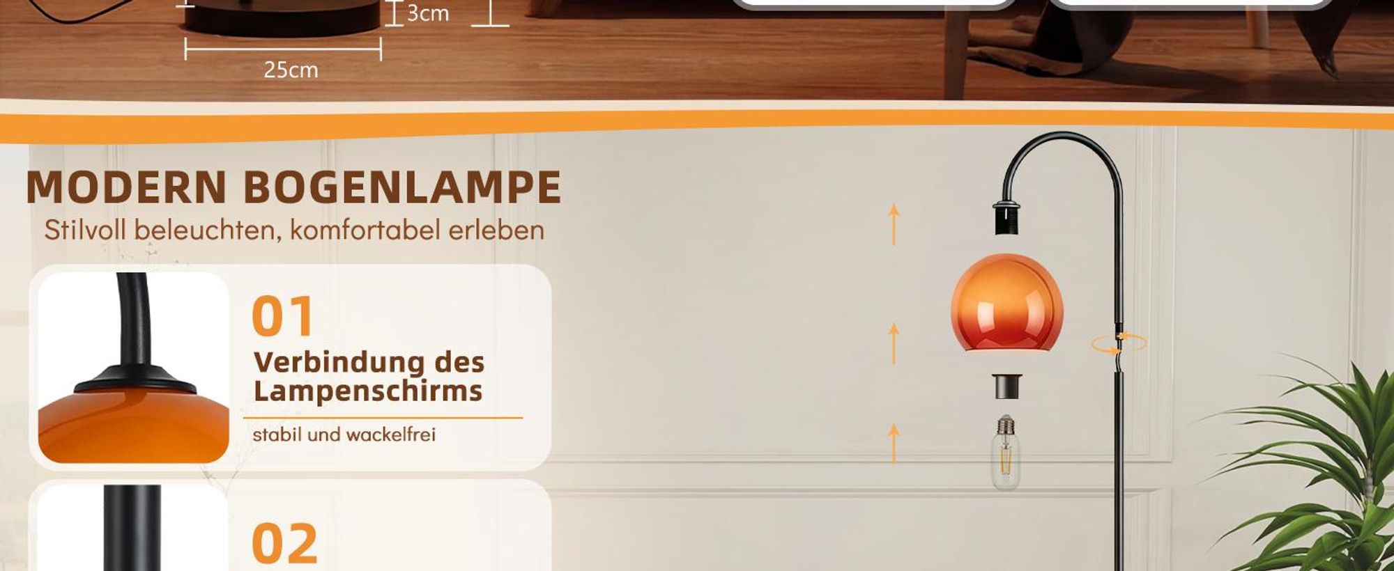 ZMH Bogenlampe Wohnzimmer Stehlampe mit Fußschalter E27 Fassung ohne Leuchtmittel 140-160cm Eisen Glas Lampenschirm 40W drehbarer Arm für Schlafzimmer
