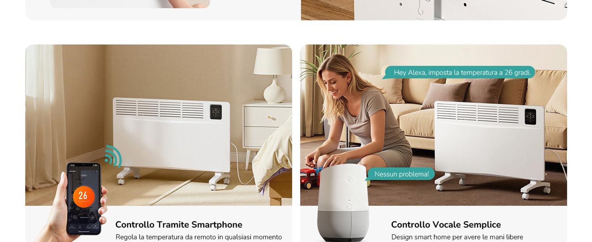 Riscaldatore convettore EMKE 2000 W con WiFi e app, radiatore elettrico a risparmio energetico, riscaldamento a parete e apparecchio a pavimento con rotelle, timer 24/7, bianco