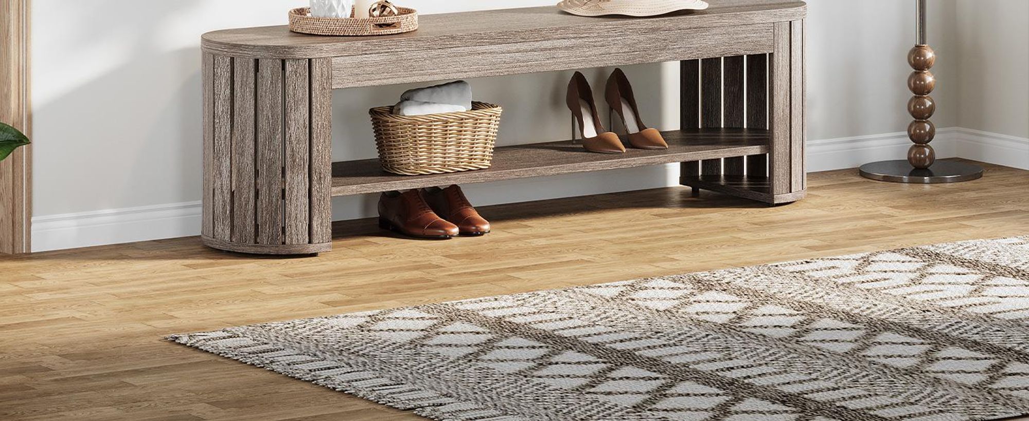 Tribesigns Schuhbank 160 cm, Sitzbank mit Schuhablage, Garderobenbank in Holz-Optik, Lange Bettbank mit Lamellen-Beinen, Flurbank 2-stufig, Beigegrau