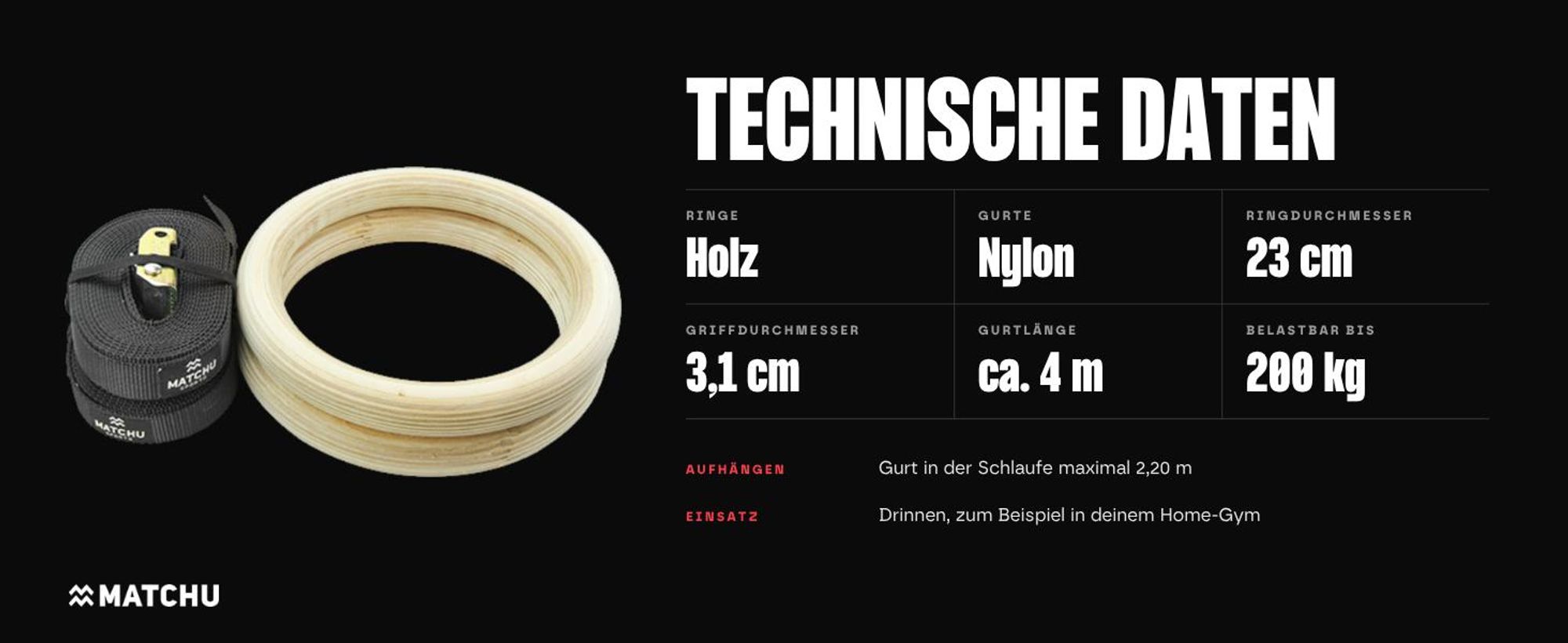 Matchu Sports Turnringe aus Holz – 2er-Set mit verstellbaren Gurten – Ø 23 cm – bis 200 kg belastbar