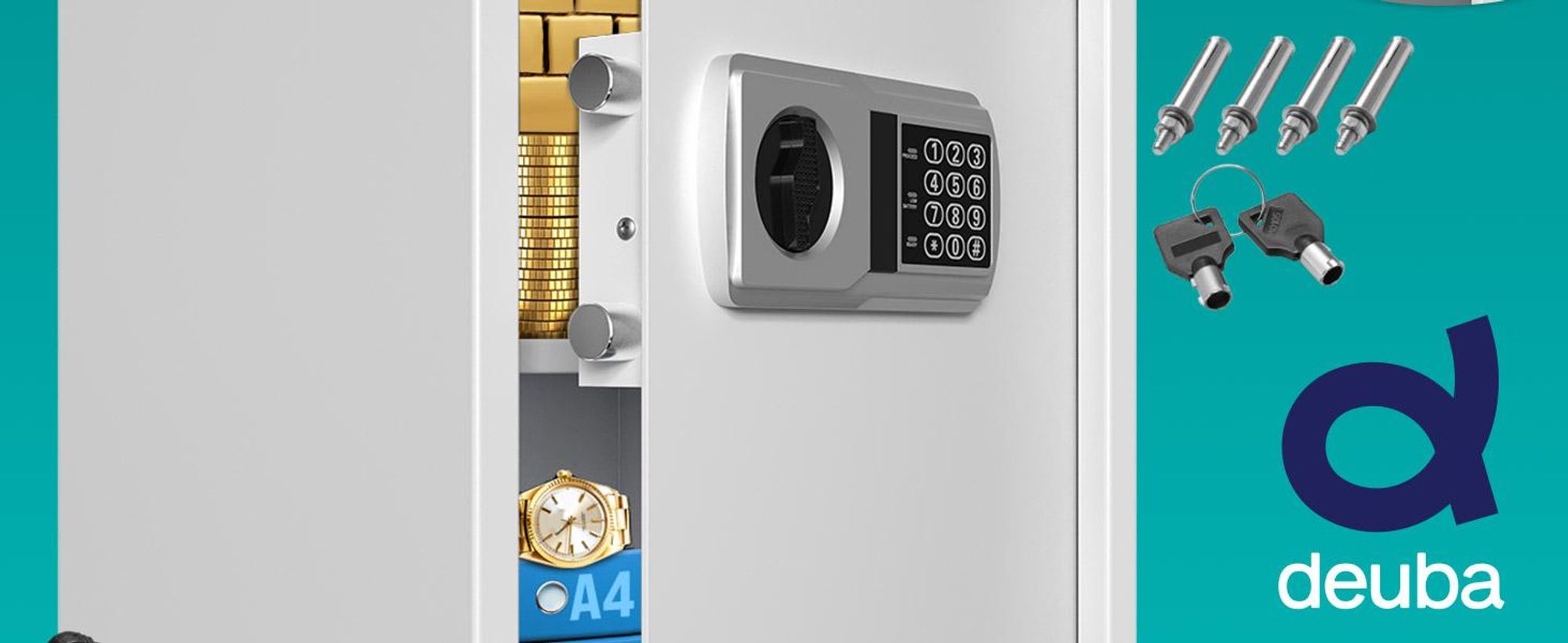 DEUBA® XXL elektr. Tresor 35x40x40cm 4mm Türstärke Doppelstahlbolzen Innenbeleuchtung inkl. Montagematerial Safe Möbeltresor Dokumententresor Silber