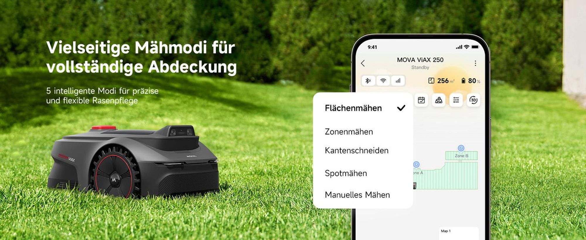 MOVA ViAX 250 Mähroboter – 250 m², UltraEyes™ KI-Dual-Vision, U-Bahnplanung, Dual-Map, Hindernisvermeidung, App-Steuerung, 50min Akkulaufzeit