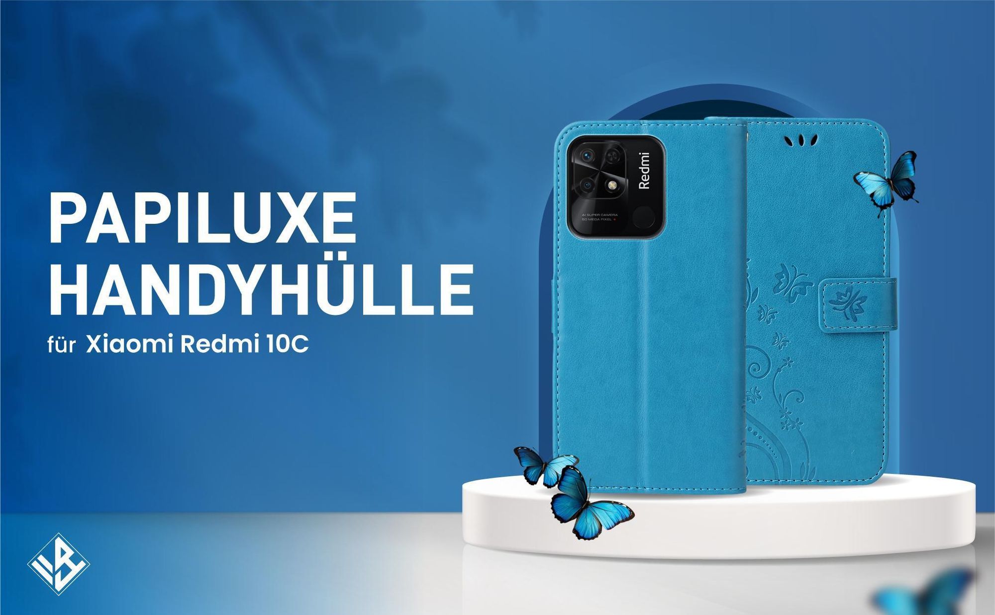 Blaue Klapphülle im Schmetterling Design für Xiaomi Redmi 10C mit Wallet-Funktion