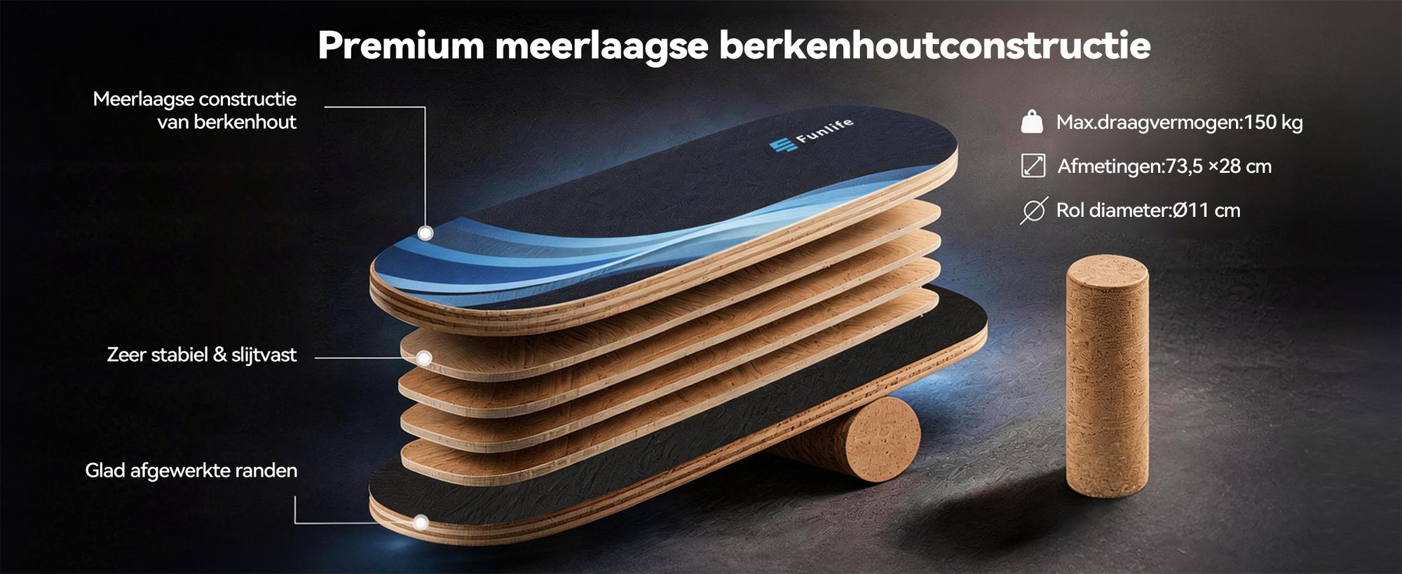 FunLife Balance Board WAVE, gemaakt van berkenhout met een rol – een evenwichtstrainer voor core-training, coördinatie, en training voor surfen, skateboarden en snowboarden