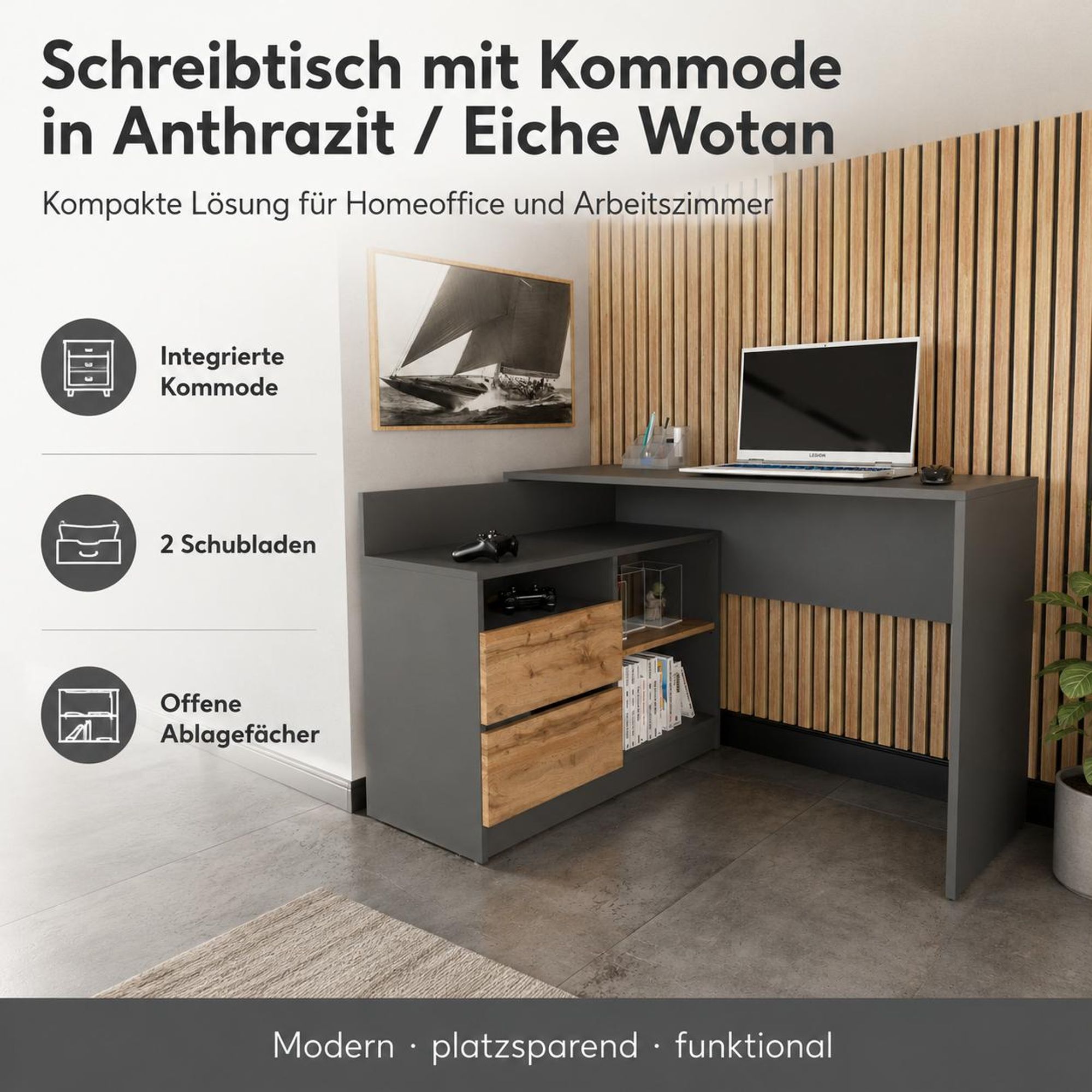 Grafika 1 (Hero/Główna): Eckschreibtisch in Anthrazit mit Kommode in Eiche Wotan und Laptop.