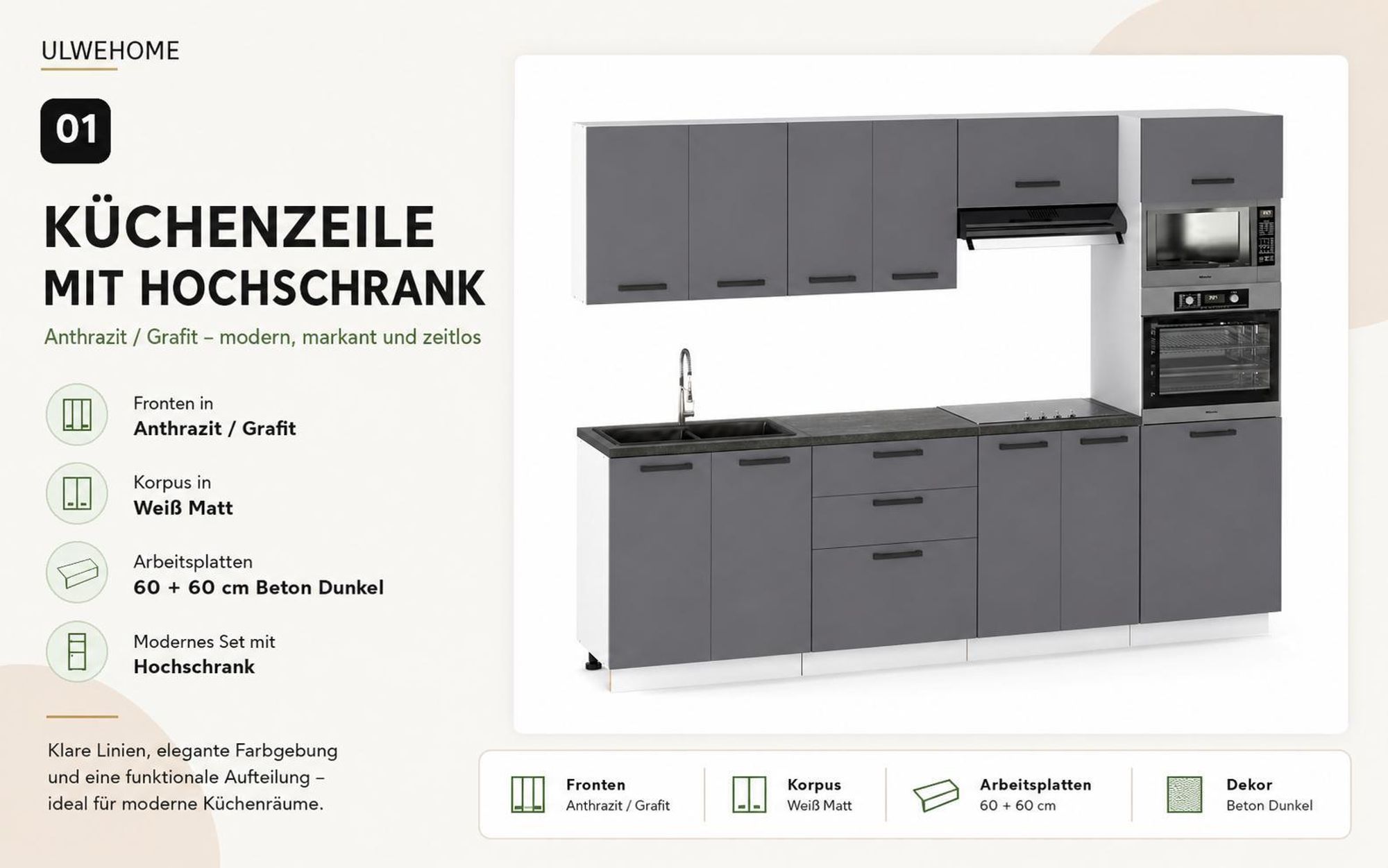 Küchenzeile mit Hochschrank in Anthrazit/Grafit und Arbeitsplatten in Beton Dunkel.
