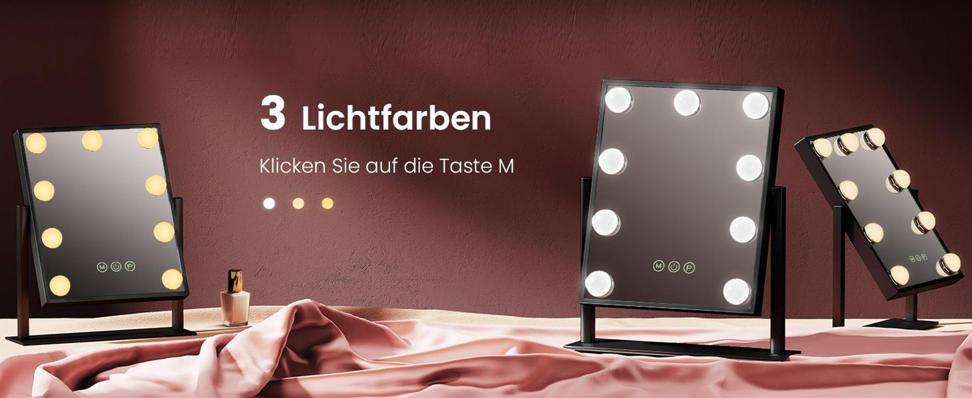 EMKE Hollywood Kosmetikspiegel 85x364x475mm mit 7x Vergrößerungsspiegel, Schwarz Schminkspiegel mit intelligent Touchscreen und 3 Lichtfarben, 12 Dimmer-LED-Leuchten, 360° drehbar und Memory-Funktion