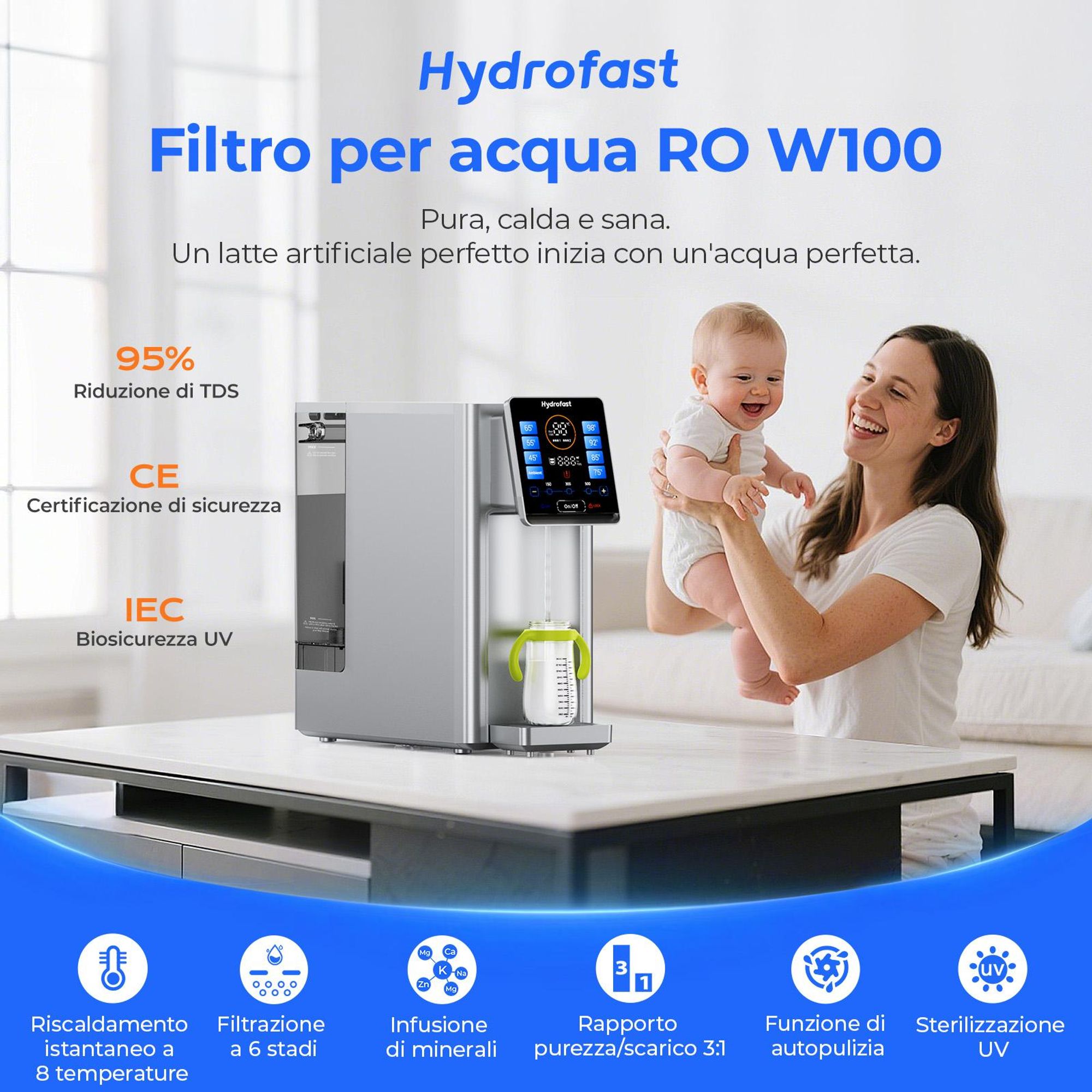 Purificatore d'acqua da tavolo Hydrofast W100, osmosi inversa, filtrazione UV, filtrazione a 6 stadi e 8 impostazioni di temperatura