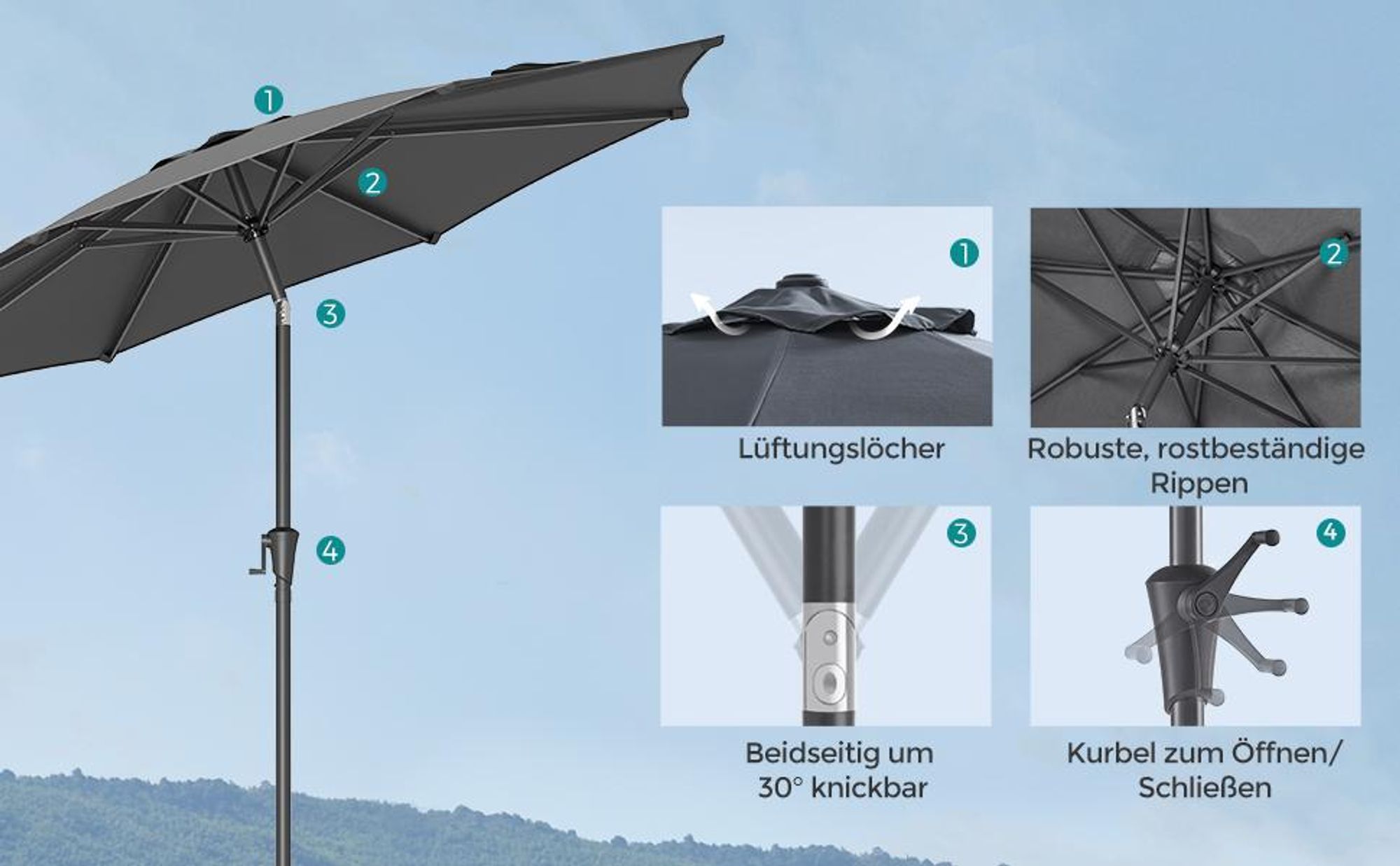 SONGMICS Sonnenschirm ampelschirm Ø300 cm UPF 50+ beidseitig um 30° knickbar
