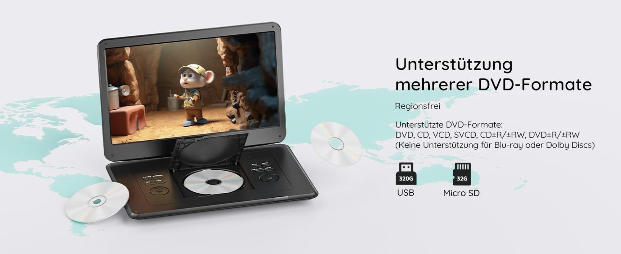 Boifun tragbarer DVD-Player mit ATSC-TV und FM-Radio 15,6-Zoll-HD-Schwenkbildschirm integriertem Akku HDMI-Eingang für TV-Stick USB-/TF-Karten