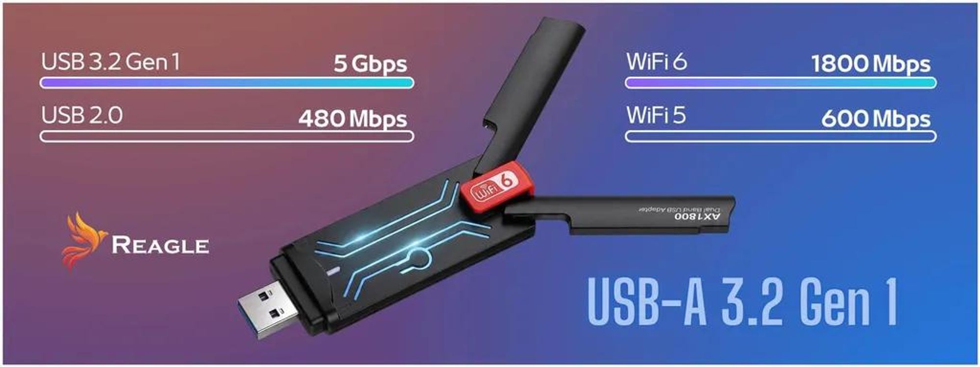 Reagle RYWU5 USB WiFi 6 Adapter 1800 Mbit/s Dual Band für Computer und Laptop