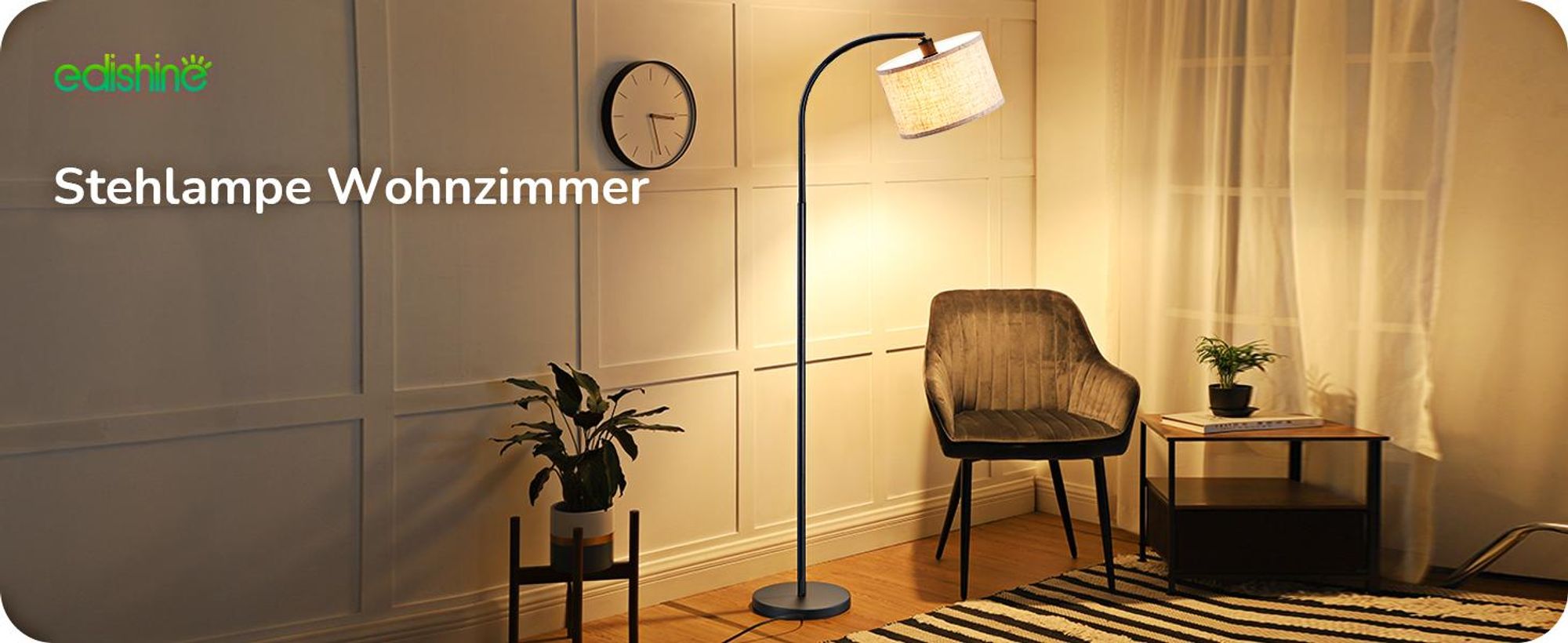 EDISHINE Bogenlampe Stehlampe mit Verstellem & LED Glühbirne & Fußschalter, Bogenleuchte mit Beigen Leinen-Lampenschirm