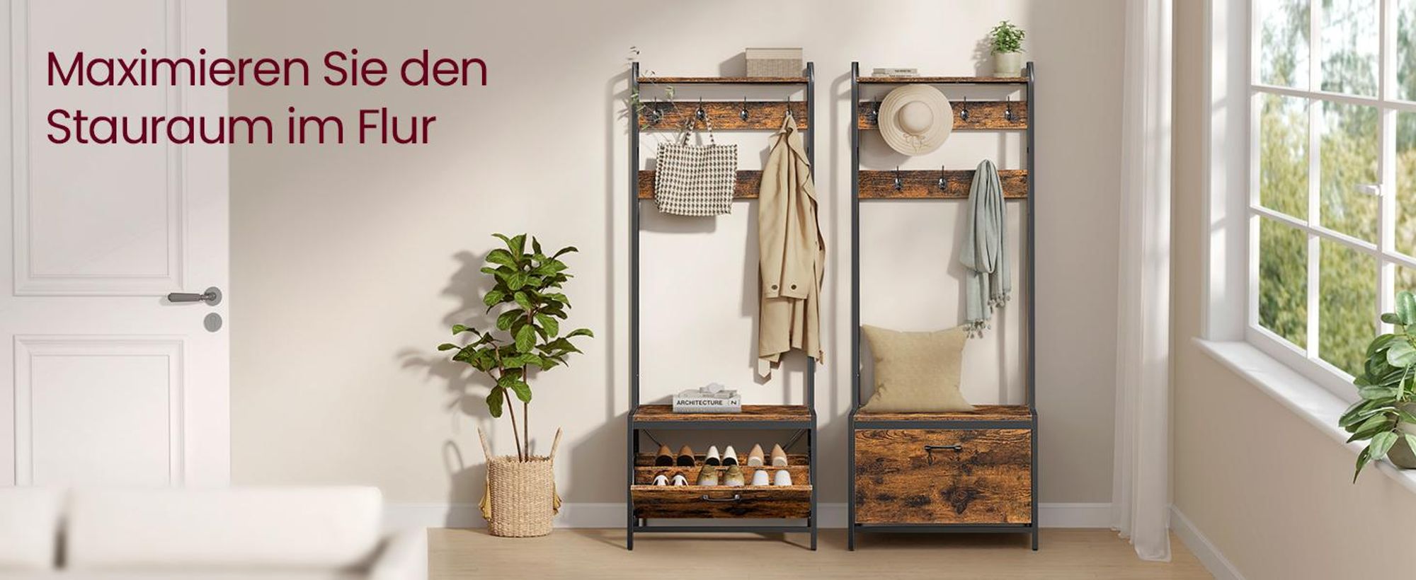 VASAGLE Garderobenständer mit Schuhschrank, Garderobe mit Sitzbank, vintagebraun-schwarz