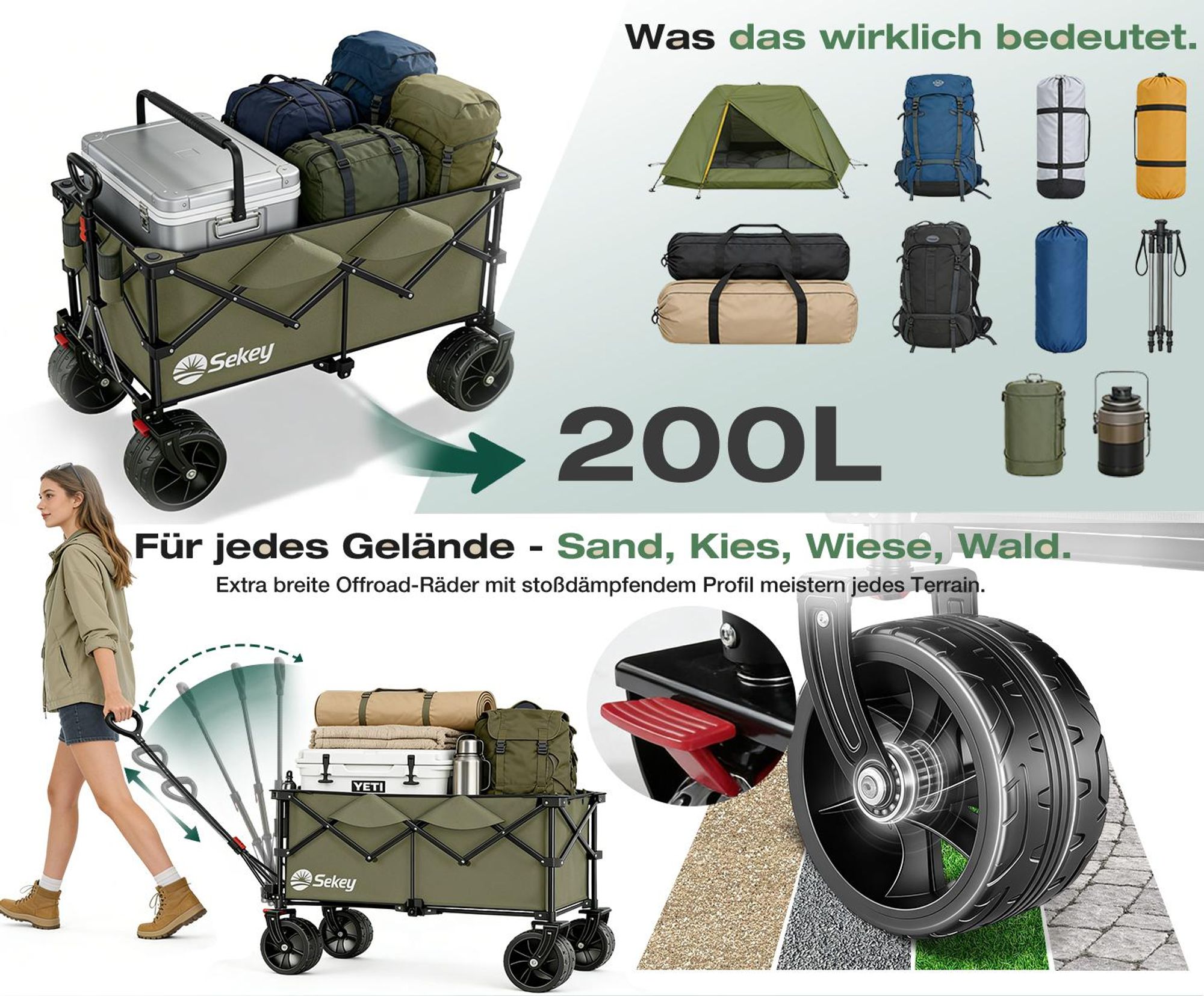 Sekey XXL Plus Bollerwagen Faltbar mit Extra Breite Räder, Faltbollerwagen belastbar 200kg Handwagen Klappbar Transportwagen, Olivgrün