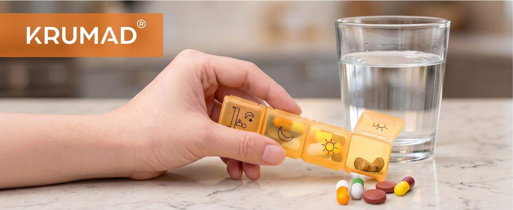 KRUMAD Tablettenbox 7 Tage mit 4 Fächern pro Tag, Medikamentenbox für morgens mittags abends, Pillendose Organizer für Medikamente und Vitamine