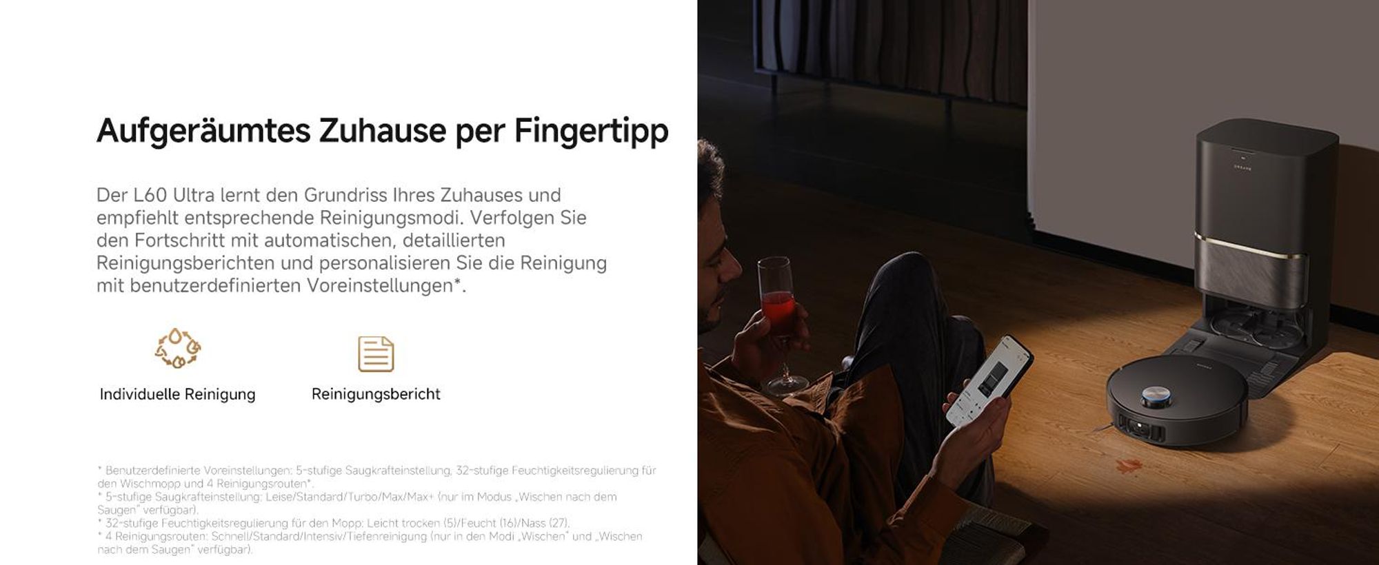 Dreame L60 Ultra Saugroboter mit Wischfunktion,35KPa Saugkraft,KI-3D-ToF-Vision,100°C Selbstreinigung,Doppelflexarme,ausziehbare Seitenbürste,Autolift