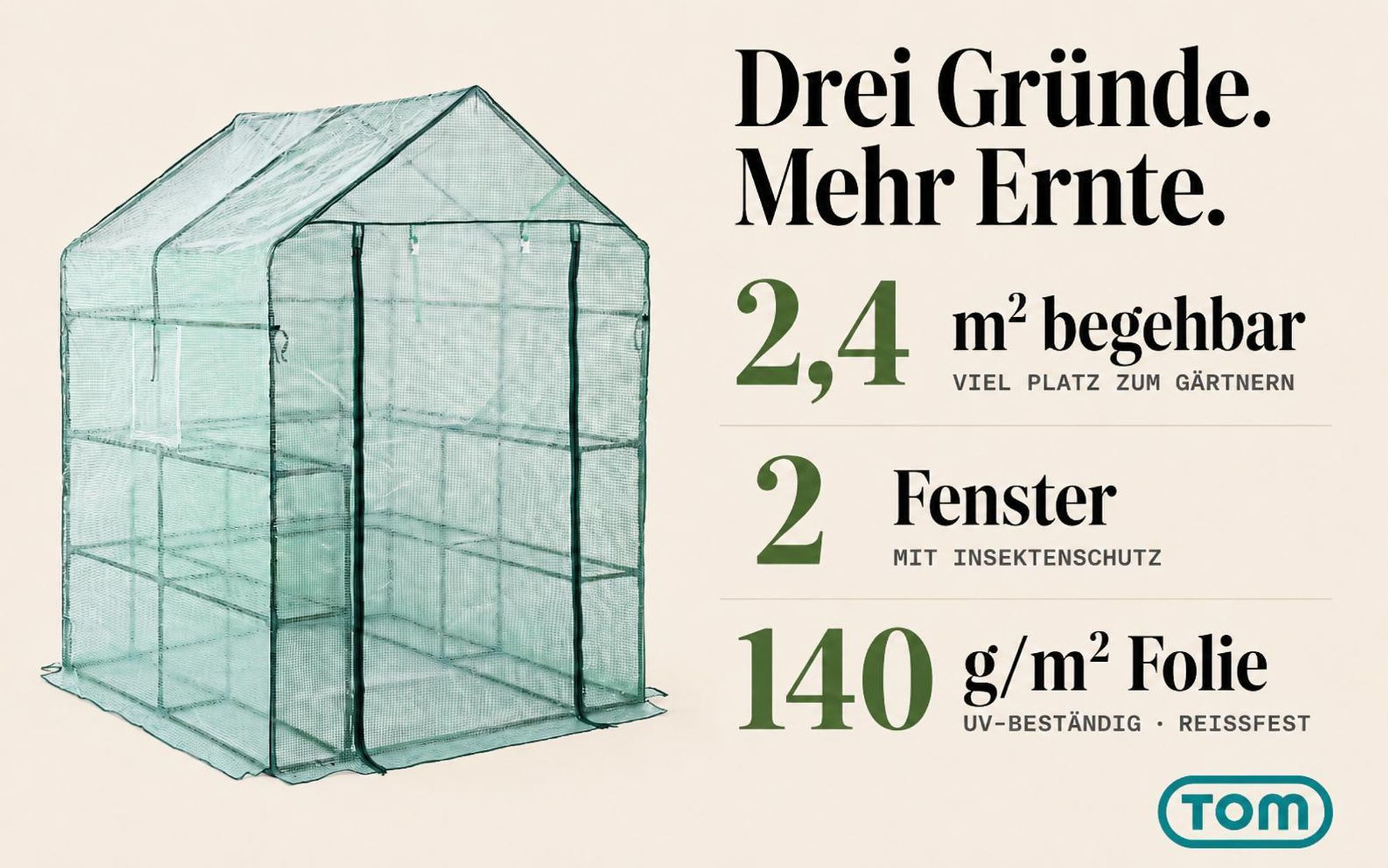 TOM Folien Gewächshaus | 2,4 m² | 140g/m² | Gitterschutzfolie | Wasserfest | UV-Beständig | integrierte Gitterablagen | Erdanker