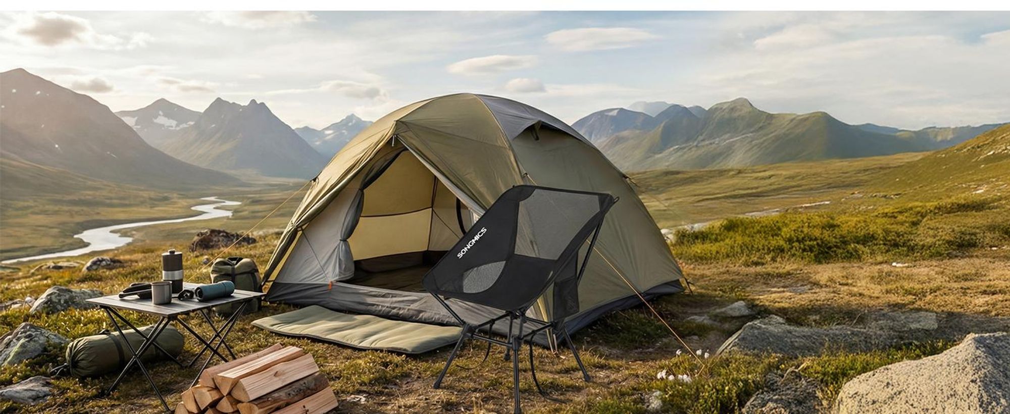 SONGMICS Campingstühle Set, höhenverstellbar, 2 Outdoor Klappstühle mit Stahlrahmen, Tragkraft 150 kg, mit 2 Taschen, für Reisen und Camping, schwarz