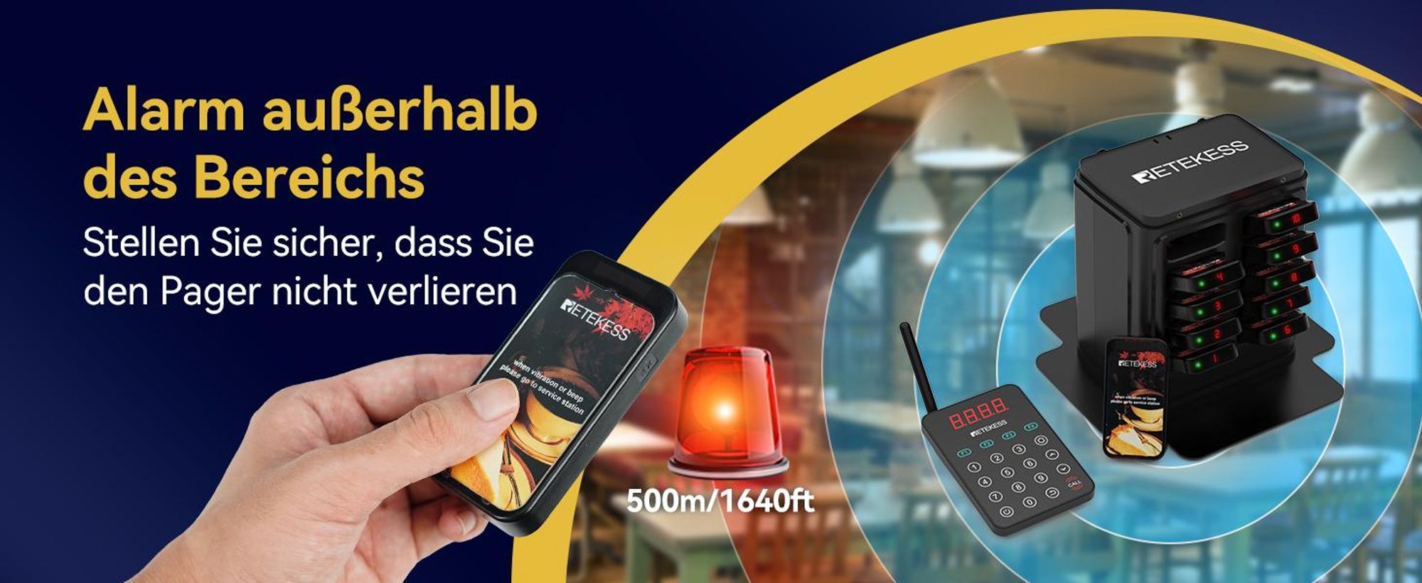 Retekess TD177 Restaurant Pager System, 500m Kundenrufsystem, 20 Pagers, 7 Rufmodi, EIN-Tasten-Kopplung, Außer-Reichweite-Alarm, für Cafe, Kneipen