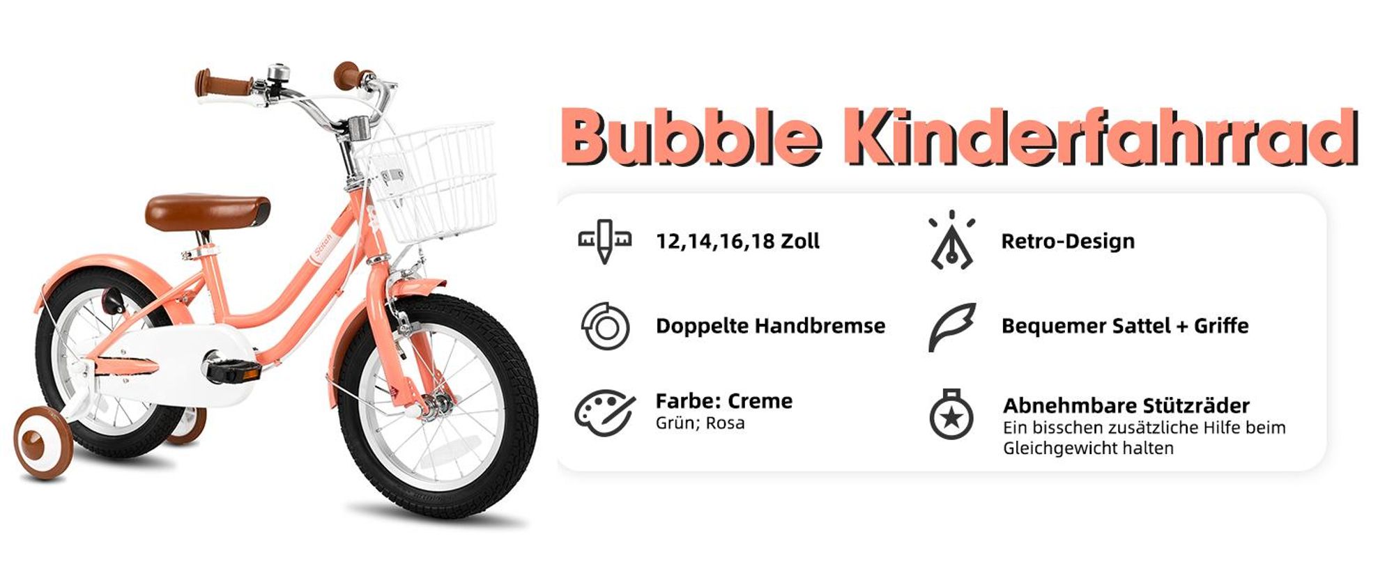 STITCH 14 Zoll Kinderfahrrad mit Korb, Schutzblechen, vollständigem Kettenkasten & Stützrädern,Geeignet für Anfänger, Kindergeschenk, Rosa