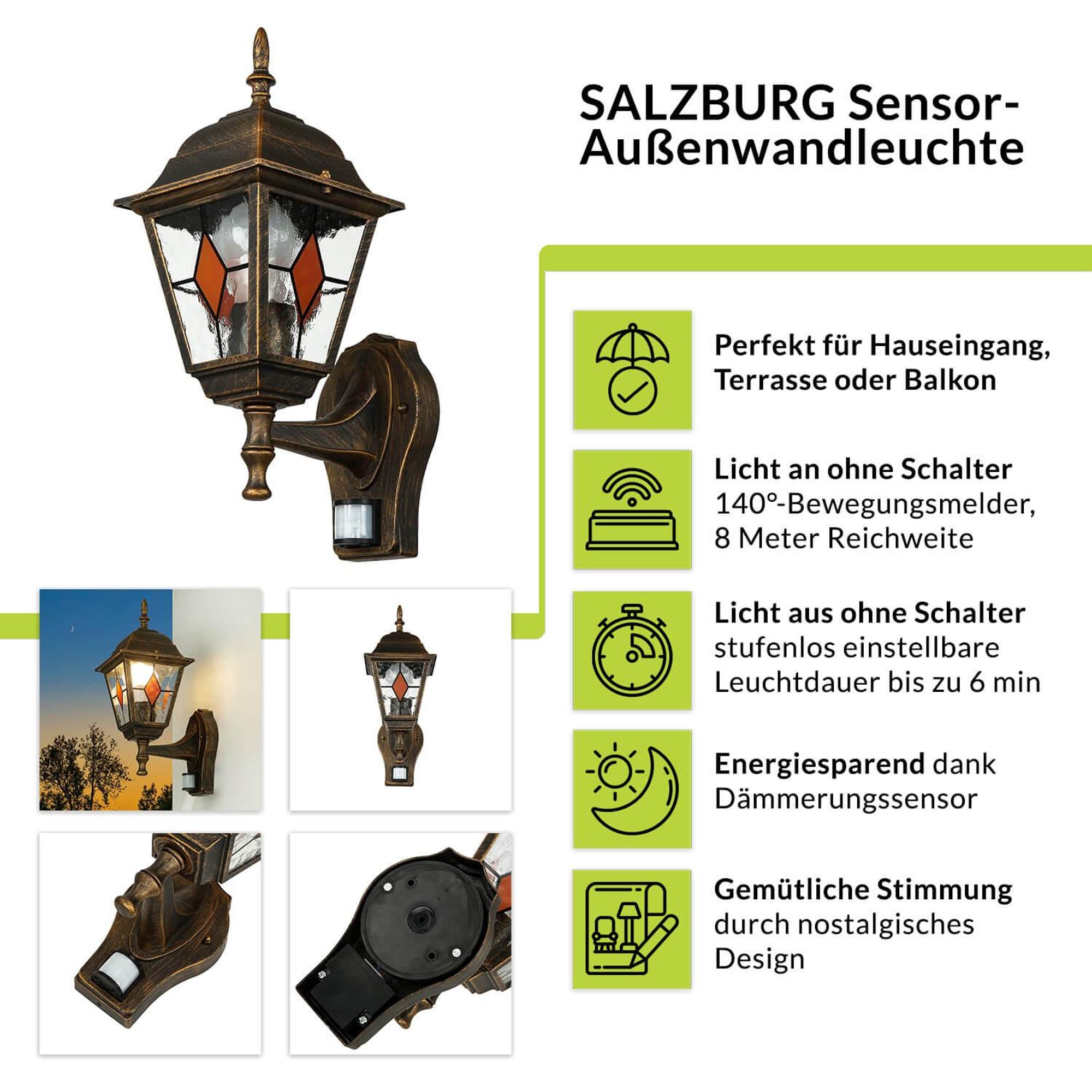 Highlights der SALZBURG Wandleuchte mit Sensor für außen