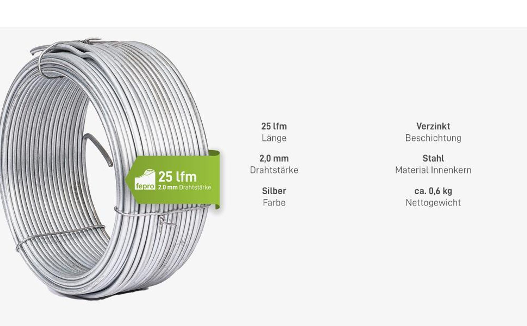 Fepro® Bindedraht 2,0 mm x 25 m, dick verzinkt - witterungsbeständig, ideal für Forst, Wildzaun, Garten oder basteln