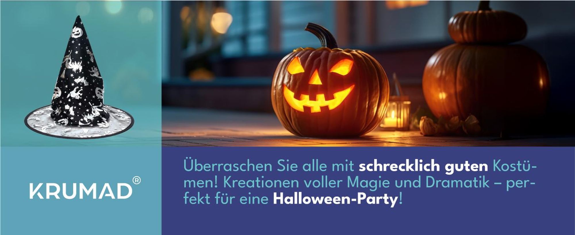 KRUMAD Halloween Hexenhut Schwarz - spitzer Zaubererhut mit Kürbis & Fledermaus Motiv, Universalgröße für Kinder & Erwachsene, Kostüm Zubehör Karneval