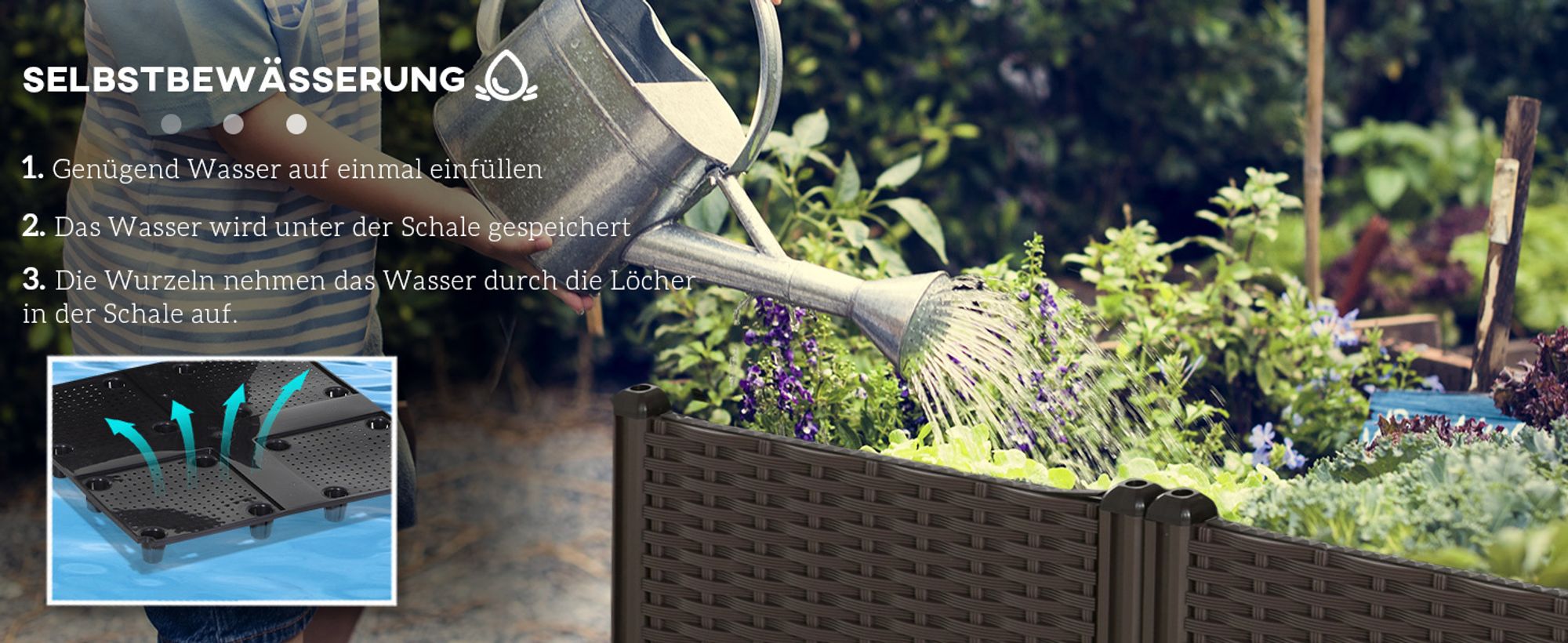 Outsunny Hochbeet, 4-teiliger Pflanzkasten mit Abflusslöchern, Blumenkasten im Rattan-Look, PP, Braun, 40 x 40 x 44 cm