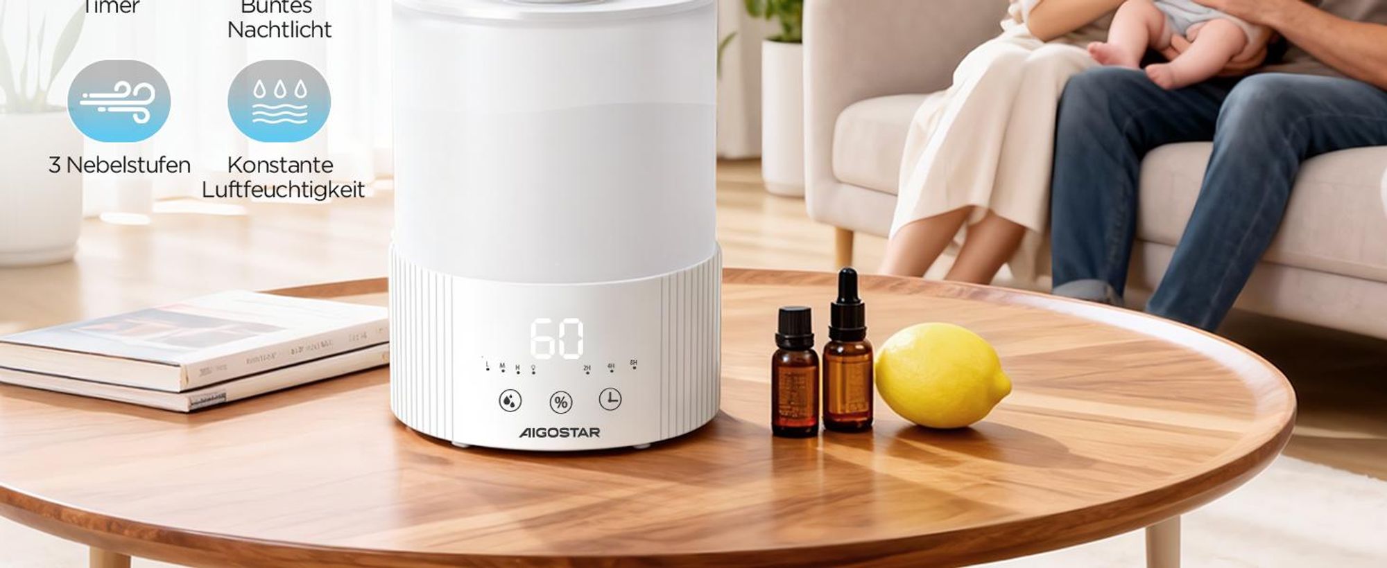 Aigostar - für Schlafzimmer Leise individuelle Luftfeuchtigkeit 7 Farblichter