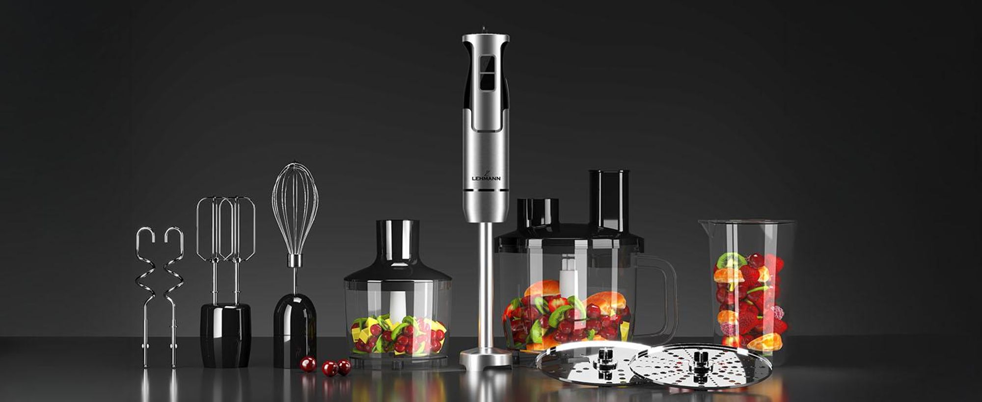 LEHMANN 9in1 Stabmixer Set en Acier Inoxydable, 1200W, Turbofunktion und Geschwindigkeitsregelung