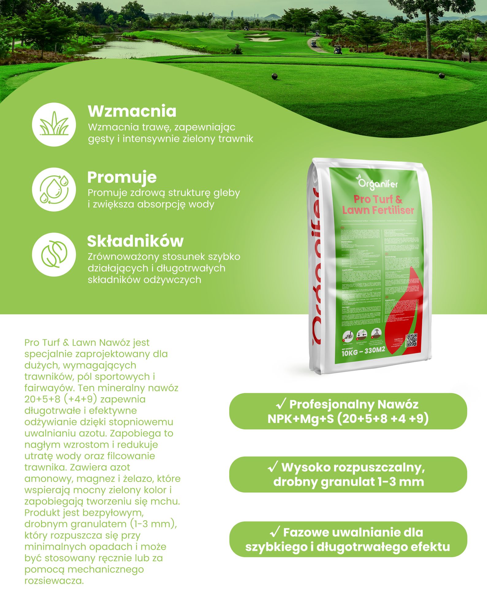 Pro Turf & Lawn Nawóz – o kontrolowanym uwalnianiu (20 kg – na 665 m2) - Organifer